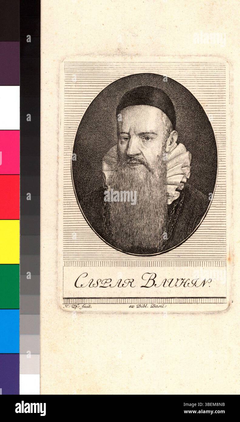 Diese Ätzung von 1784 von H. Pf. zeigt Caspar Bauhin, einen bekannten Schweizer Botaniker und Arzt. Das Bild stellt eine wichtige Figur in der Wissenschaftsgeschichte dar. Stockfoto