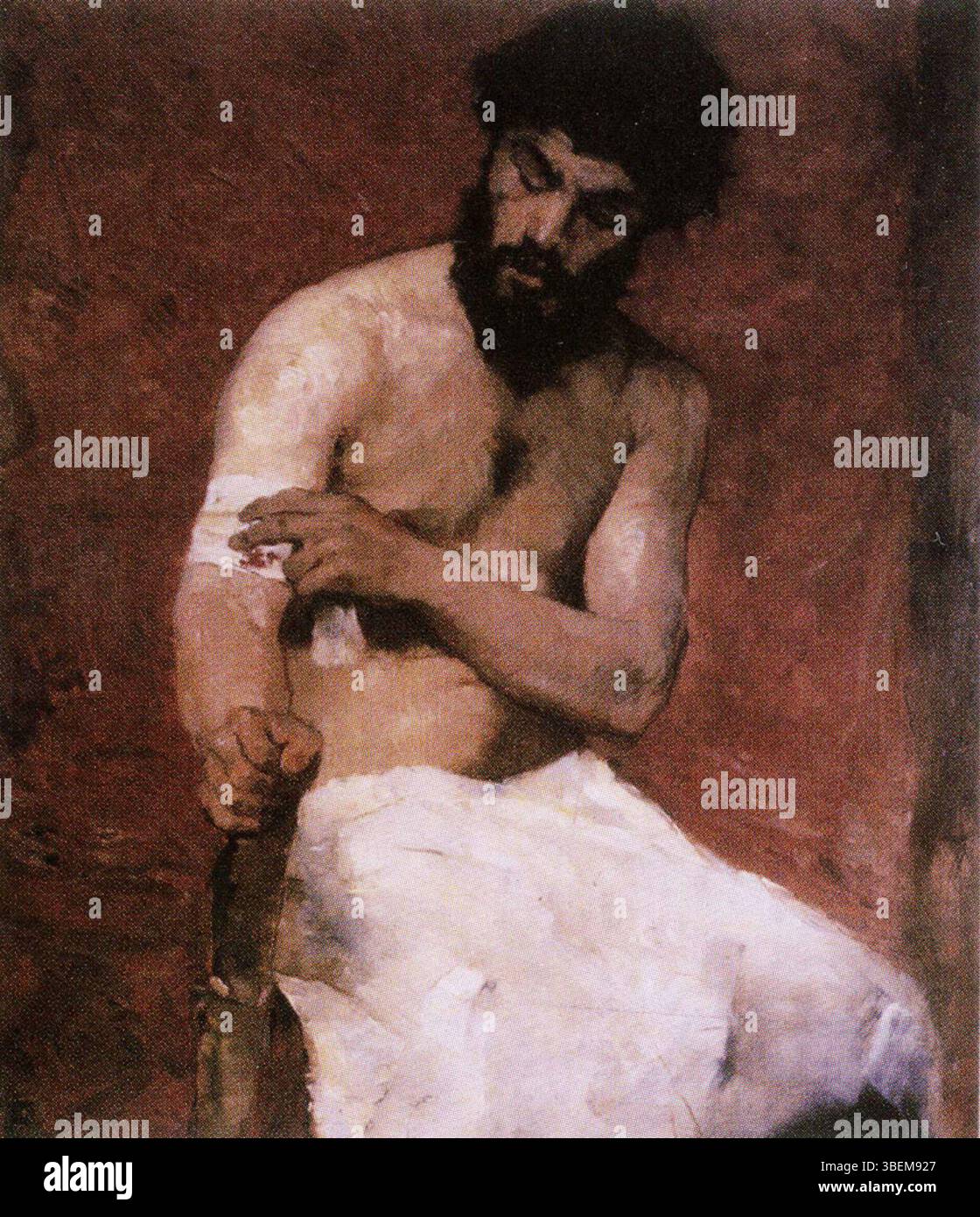 James Ensors Figurenstudie eines Mannes mit einem verletzten Arm zeigt den Fokus des Künstlers auf die Reaktionen des menschlichen Körpers auf Verletzung und Körperlichkeit. Die Arbeit erfasst die angespannte Haltung des Motivs und betont die Verletzlichkeit der verletzten Figur. Stockfoto