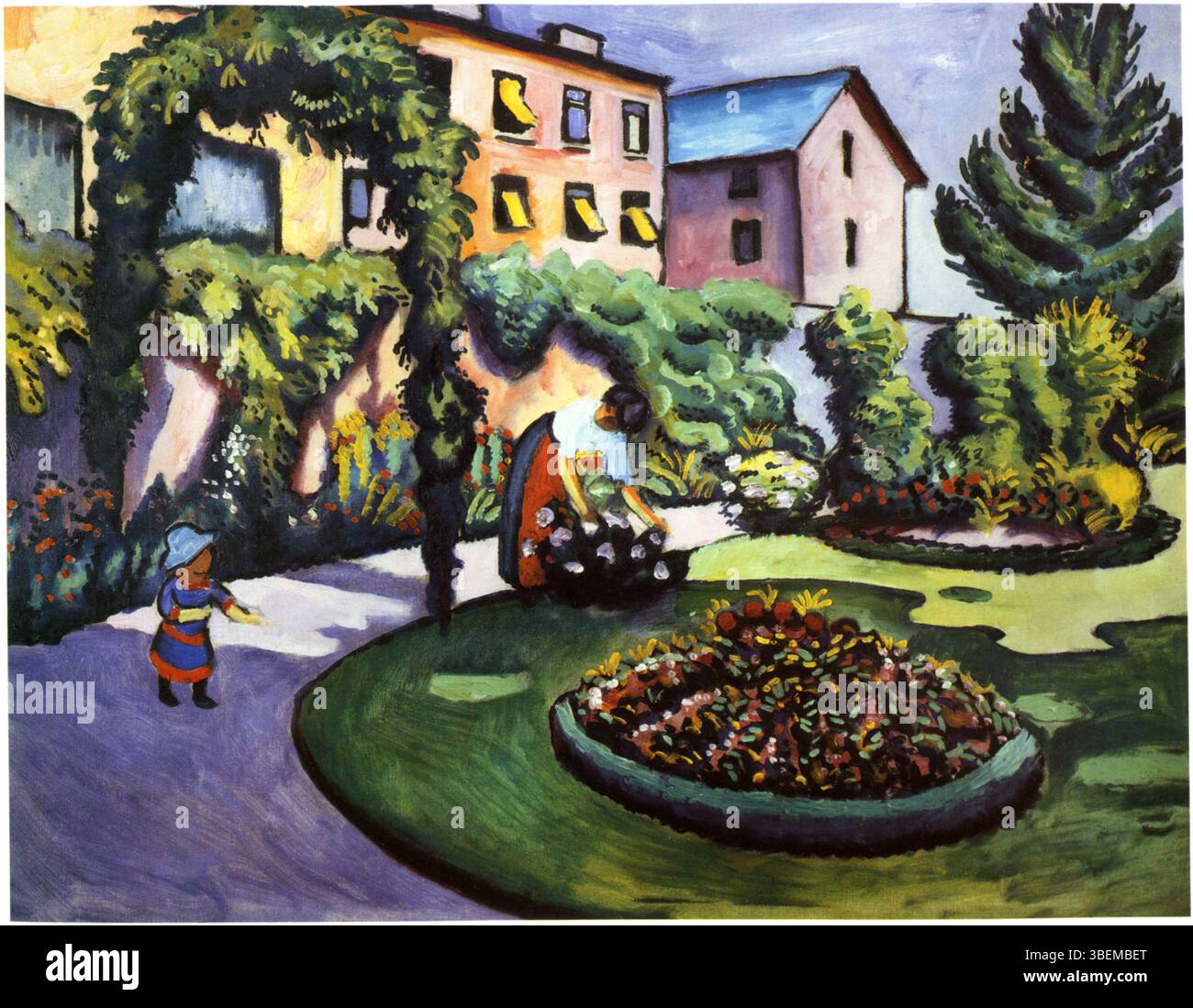 Das Gartenbild von August Macke zeigt eine üppige Gartenszene in Bonn und unterstreicht Mackes Meisterschaft in der Naturschönheit. Das Werk ist mit hellen Farben gefüllt und weist eine starke Verbindung zur Natur auf. Stockfoto