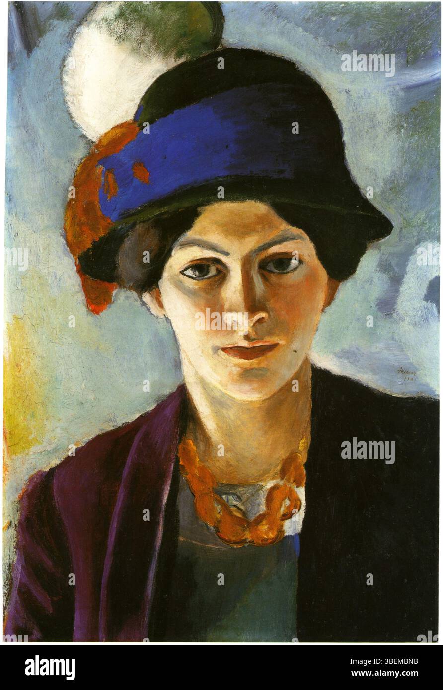 Dieses Porträt von August Macke zeigt die Frau des Künstlers mit einem Hut und zeigt seine Verwendung lebendiger Farben und expressionistischer Stile. Mackes Arbeit reflektierte oft persönliche Themen und emotionale Tiefe durch kühne und vereinfachte Formen. Stockfoto