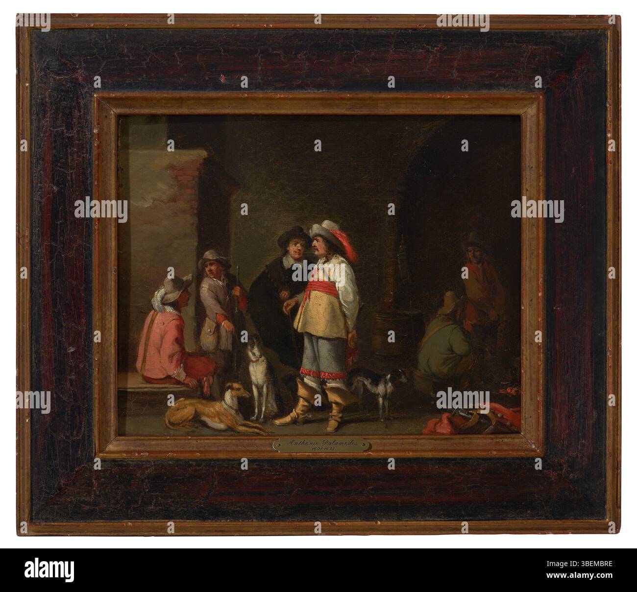 Dieses Gemälde von Anthonie Palamedesz zeigt eine Gruppe von kavaliern in einem Wachzimmer und bietet einen Einblick in die niederländischen Innenräume des 17. Jahrhunderts. Palamedesz ist bekannt für seine Genrewerke und fängt die Eleganz und die täglichen Interaktionen von Soldaten ein. Stockfoto