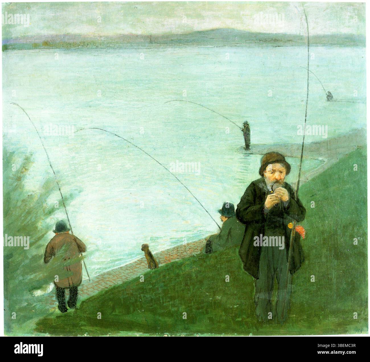 *Angler am Rhein* (Fischer am Rhein) von August Macke fängt einen ruhigen Moment am Fluss ein. Das Gemälde zeichnet sich durch leuchtende Farben und einen Fokus auf Licht und Schatten aus und spiegelt Mackes Faszination für den Alltag und die natürliche Welt wider, die für seinen modernen Stil charakteristisch ist. Stockfoto