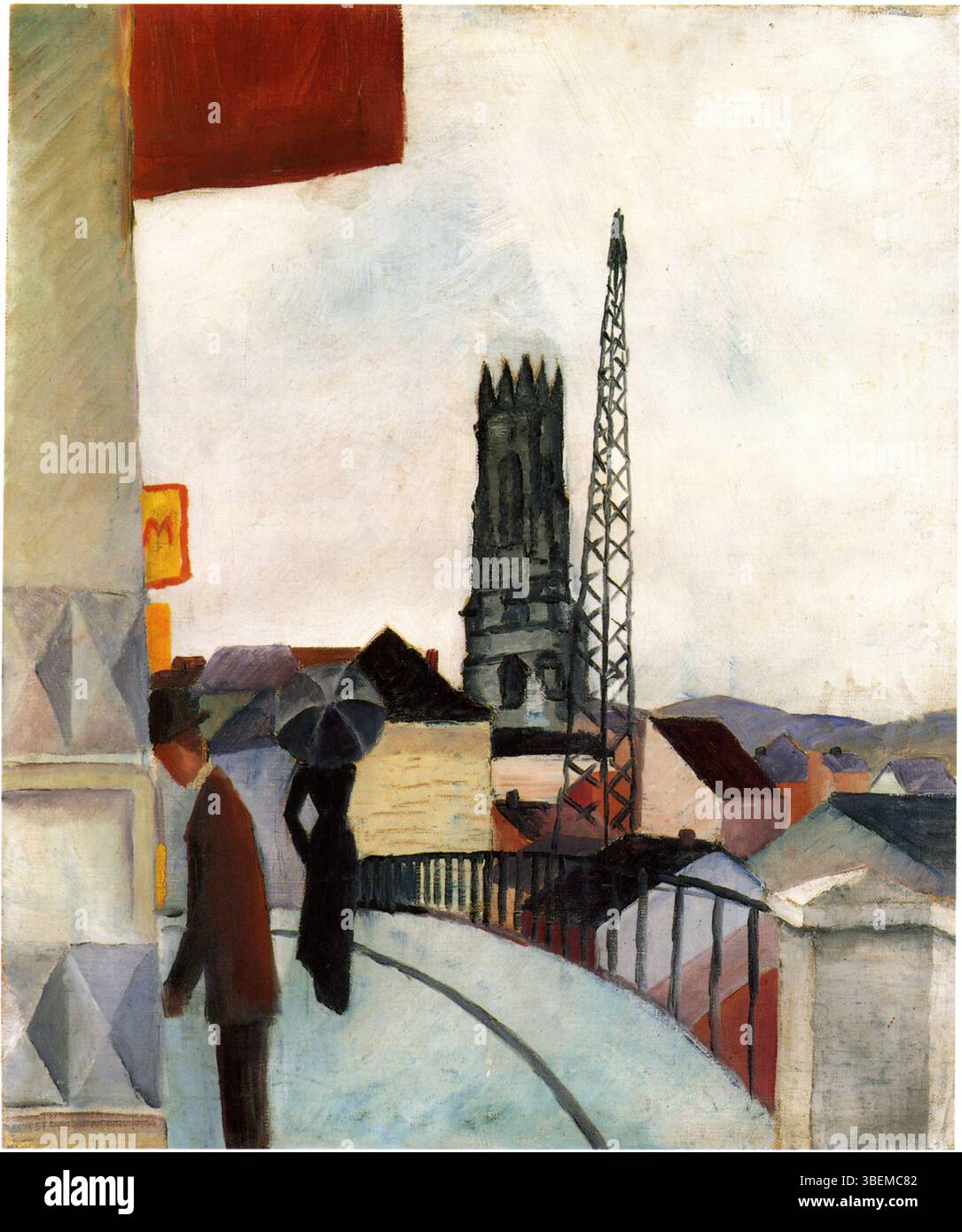 Dieses Gemälde von August Macke zeigt den Dom in Freiburg, Schweiz. Mackes Stil spiegelt seine Beteiligung an der expressionistischen Bewegung wider, die durch kräftige Farben und vereinfachte Formen gekennzeichnet ist. Stockfoto