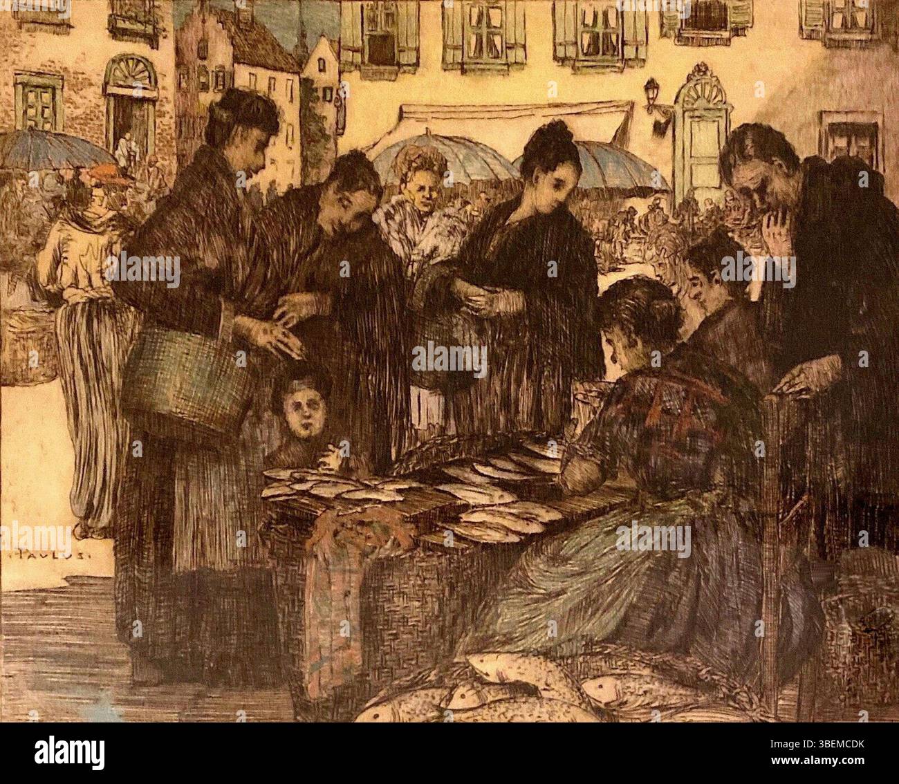 Diese handkolorierte Ätzung von Francis Petrus Paulus, die im späten 19. Oder frühen 20. Jahrhundert entstanden ist, zeigt zwei verhandelte Figuren. Paulus (1862–1933) ist bekannt für seine detaillierten und ausdrucksstarken Radierungen. Stockfoto