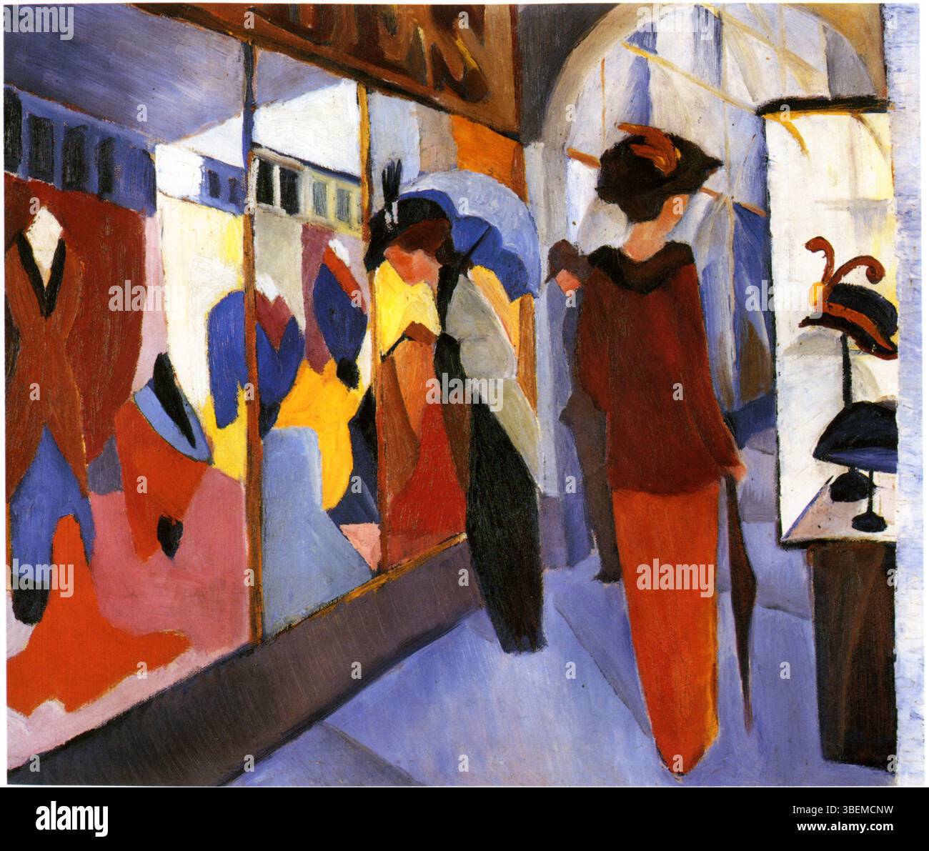 Dieses Gemälde von August Macke zeigt eine Modegeschäftszene. Der Künstler fängt die lebendigen Farben und Modestile dieser Zeit mit seiner charakteristischen expressionistischen Technik ein. Stockfoto