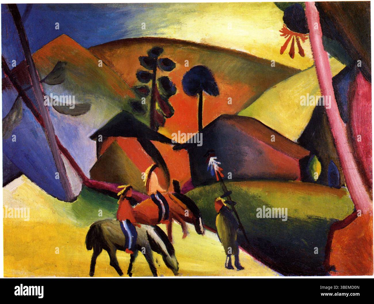 Indianer auf Pferden von August Macke zeigt indianische Reiter auf Pferden. Das Gemälde verbindet Mackes modernistischen Stil mit einem Thema, das sowohl historische als auch kulturelle Aspekte des amerikanischen Westens referenziert. Stockfoto