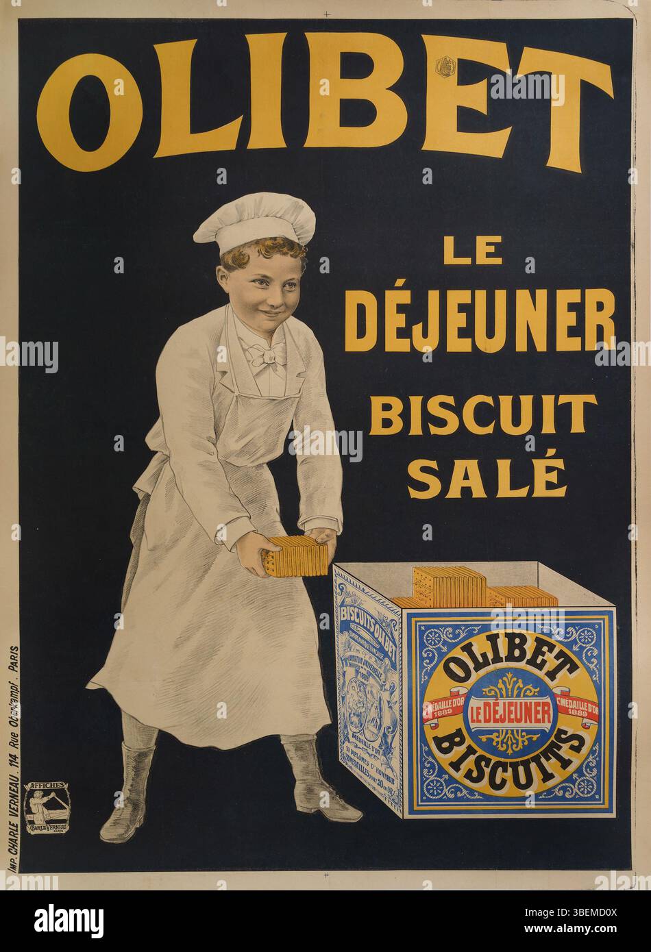 Dieses Werbeplakat aus dem frühen 20. Jahrhundert wirbt für Olibet Biscuits mit dem Slogan „LE DEJEUNER“. Das Design spiegelt die populären Kunststile dieser Zeit wider und zeigt französische kommerzielle Kunst des frühen 20. Jahrhunderts. Stockfoto
