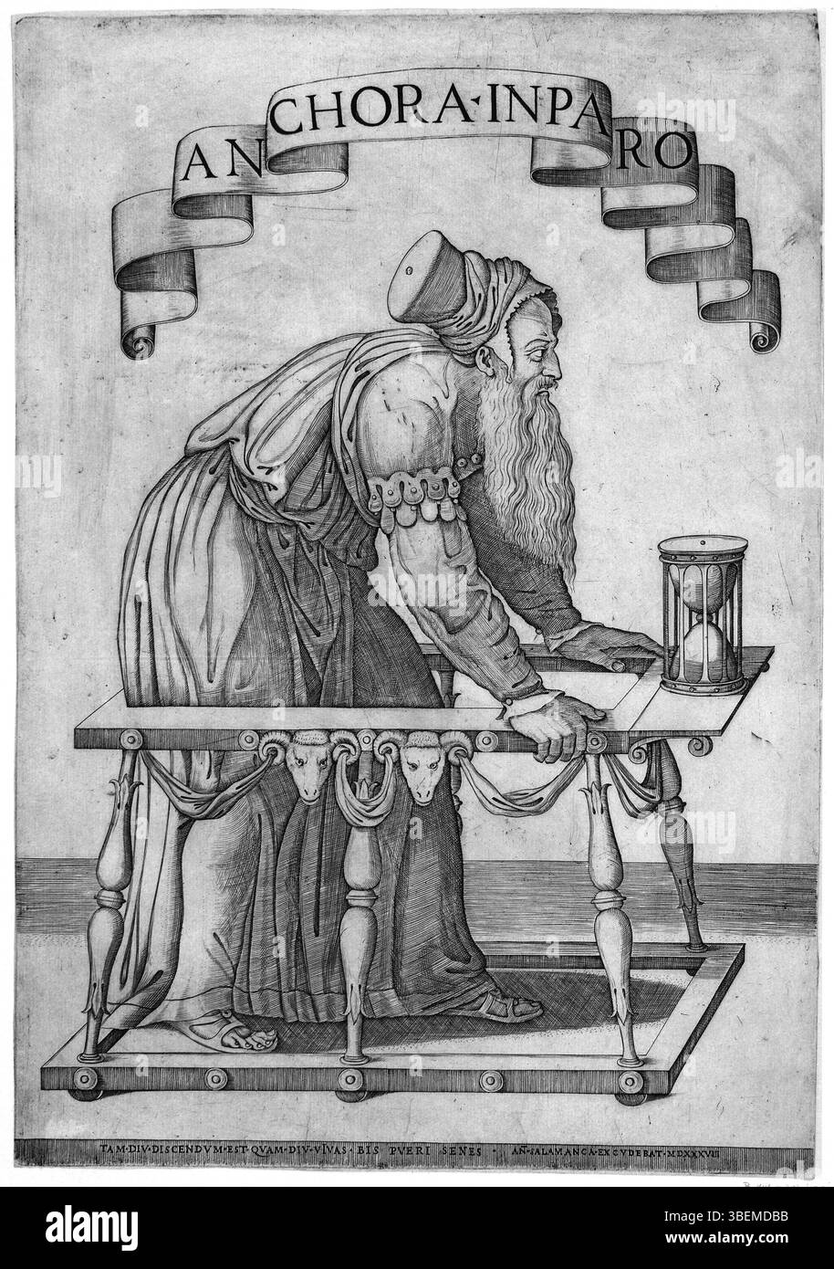 Dieses Werk mit dem Titel „Ancora imparo“ von Agostino Musi Veneziano (ca. 1490–1536) zeigt ein symbolisches oder allegorisches Thema. Der Titel, der auf Italienisch „Ich lerne noch“ bedeutet, bezieht sich auf die Sicht des Künstlers auf kontinuierliches künstlerisches Wachstum. Das Stück veranschaulicht die Ideale der Renaissance der Selbstreflexion und des Strebens nach Wissen, wie sie in den Werken dieser Zeit häufig zu sehen sind. Stockfoto