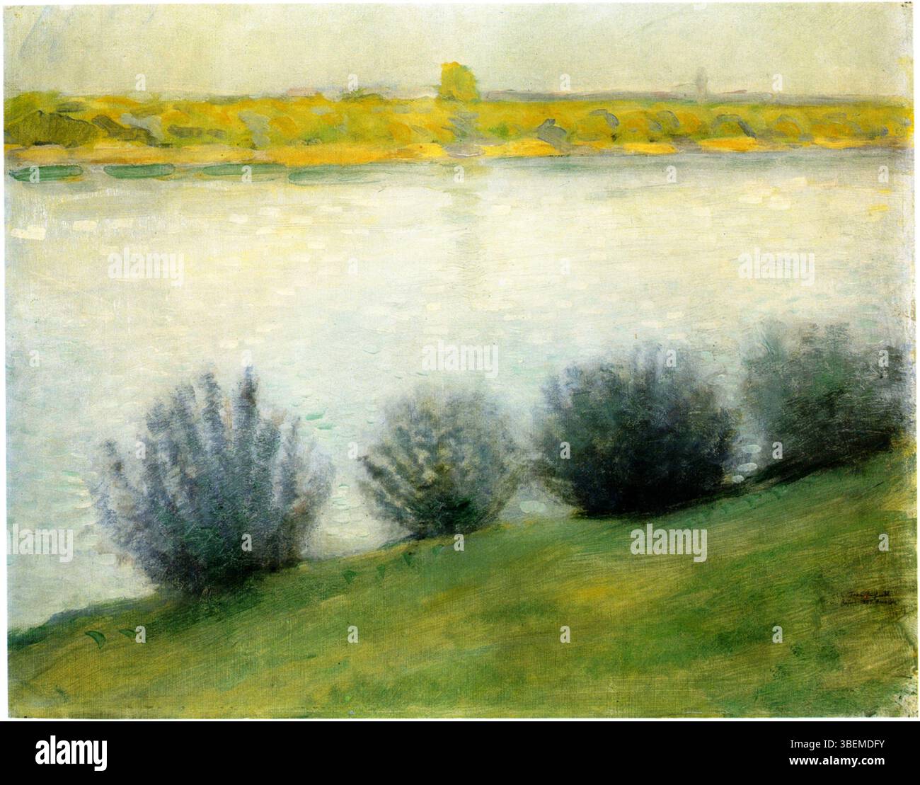 *Am Rhein bei Hersel* (am Rhein bei Hersel) von August Macke fängt eine beschauliche Landschaft ein und spiegelt die Affinität des Künstlers zur Kombination modernistischer Farbtechniken mit natürlicher Landschaft wider. Mackes einzigartiger Stil zeigt sich in der Verwendung lebendiger Farbtöne und dynamischer Komposition, die typisch für sein Werk im frühen 20. Jahrhundert sind. Stockfoto