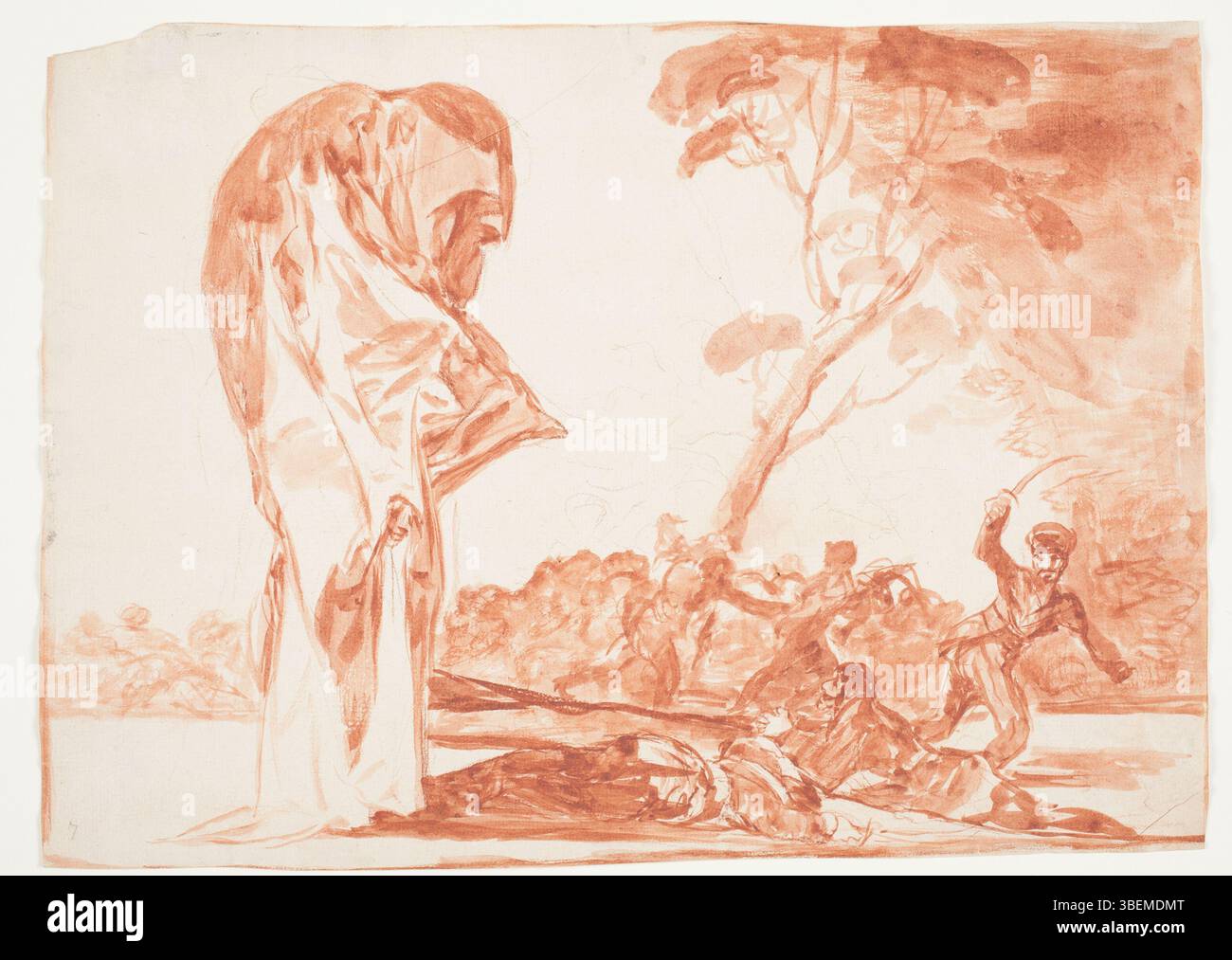 Diese Zeichnung von Francisco Goya mit dem Titel „disparate de miedo“ (furchterregender Narr) zeigt eine Figur, die in einer alptraumähnlichen Situation gefangen ist, und zeigt Goyas Erforschung menschlicher Verletzlichkeit und irrationalen Ängsten. Stockfoto