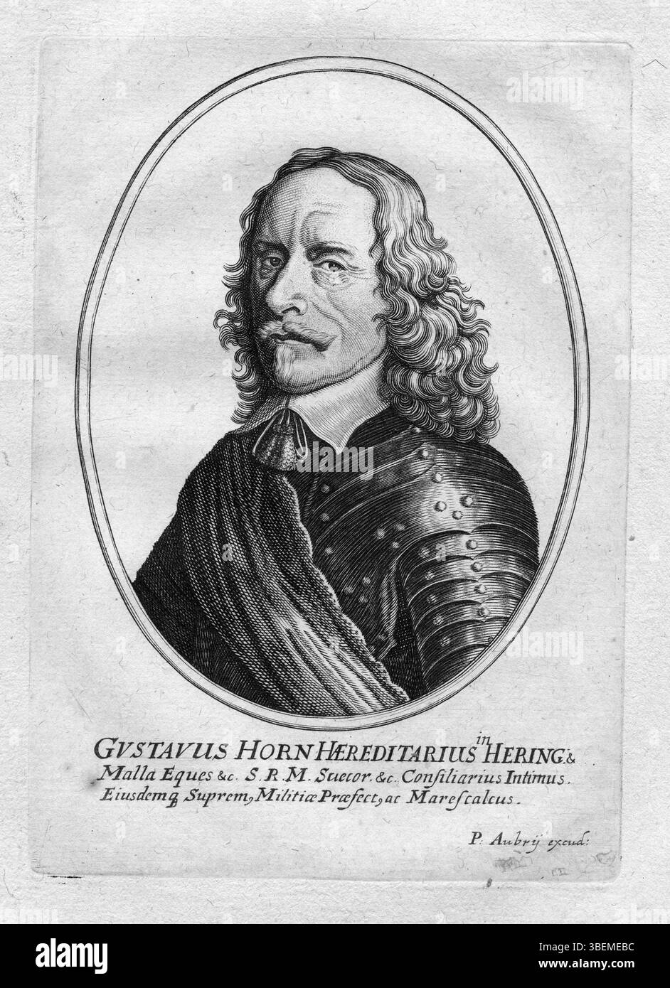 Dies ist ein graviertes Porträt von Gustaf Horn von Pierre Aubry. Das Werk stammt wahrscheinlich aus dem 17. Jahrhundert und zeigt die detailreiche Handwerkskunst der Gravur aus dieser Zeit. Stockfoto