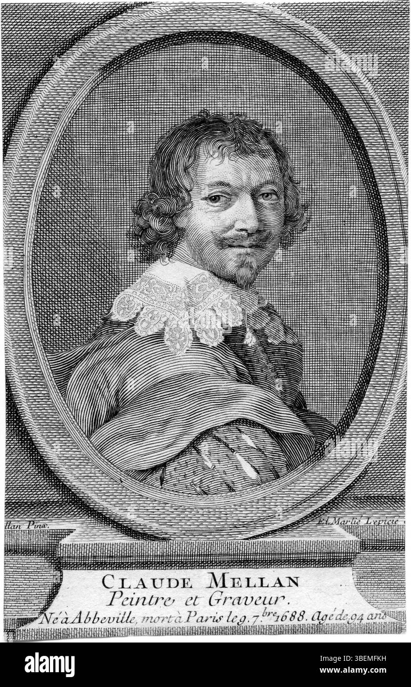Dieser Stich von Claude Mellan, der auf einem Autoportrait von Elisabeth Marlié Lépicié basiert, stellt ein historisches Porträt dar. Das genaue Datum des Kunstwerkes ist unbekannt, spiegelt aber die klassische Gravurtradition dieser Zeit wider. Stockfoto