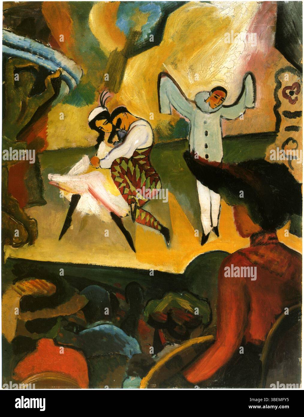 In „Russisches Ballett I“ fängt August Macke die dynamische Energie und das Kostümdesign einer russischen Ballettaufführung ein. Das Werk spiegelt Mackes Interesse an Bewegung, Farbe und theatralischen Themen wider. Stockfoto