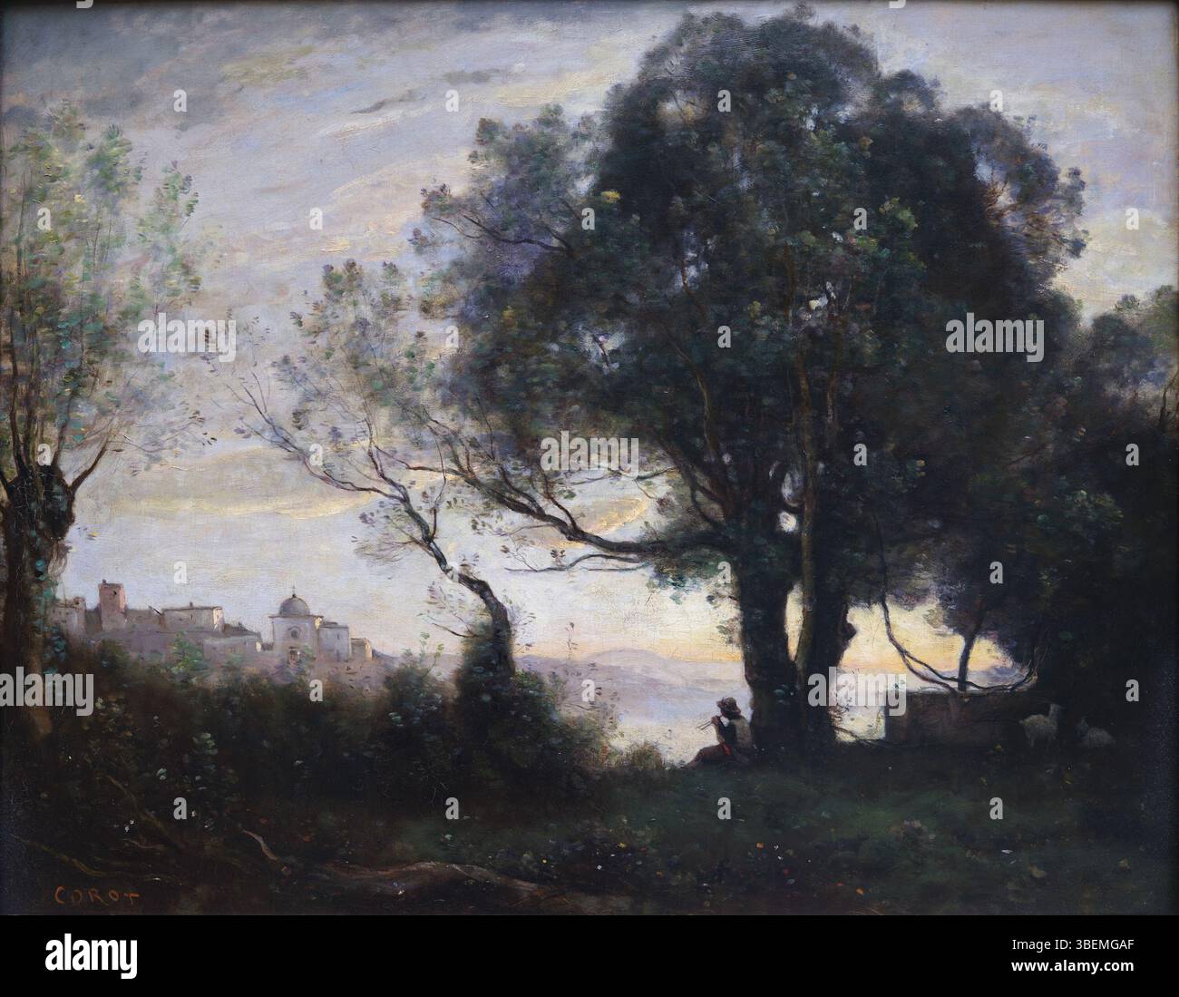 „Souvenir de Castelgandolfo“ (1865) von Jean-Baptiste Camille Corot ist eine ruhige Landschaft, die die ruhige Landschaft von Castel Gandolfo darstellt. Corot ist bekannt für seine stimmungsvollen Landschaften und verwendet sanfte Pinselstriche und dezente Beleuchtung, um die friedliche Atmosphäre einzufangen. Stockfoto