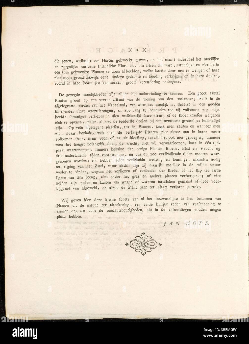 Dieses zweite Vorwort zu Band 3 von *Flora Batava* von Jan Kops stellt den zweiten Teil seiner Arbeit über Pflanzenarten vor. Er gibt Einblicke in seinen wissenschaftlichen Ansatz zur Pflanzentaxonomie und Klassifizierung. Stockfoto