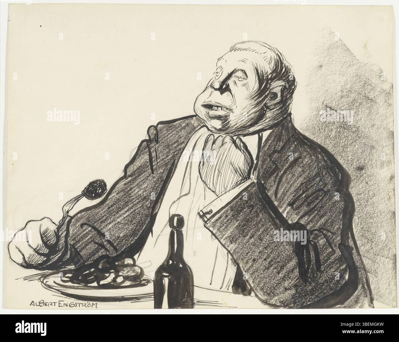 In „They Say it’s good to be a vegetarian“ (1905) beschäftigt sich Albert Engström humorvoll mit der Debatte über Vegetarismus. Das Gemälde zeigt eine Figur, die die Idee betrachtet, mit einer verspielten, aber nachdenklichen Atmosphäre. Stockfoto