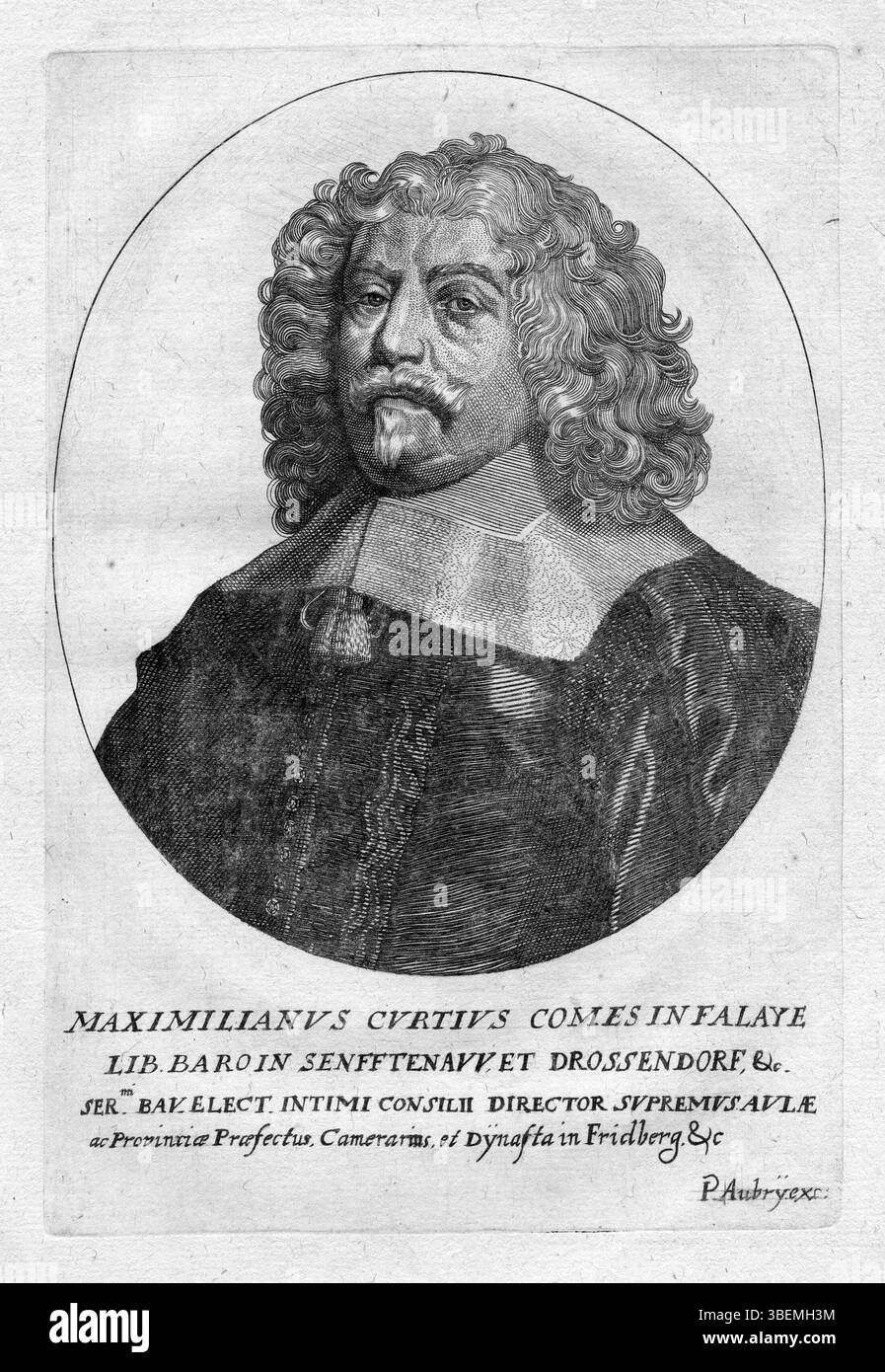Ein graviertes Porträt von Maximilian Kurtz von Senftenau von Pierre Aubry, entstanden zu einem unbekannten Datum. Die Gravur zeigt die Adelsfigur in aristokratischer Weise. Stockfoto