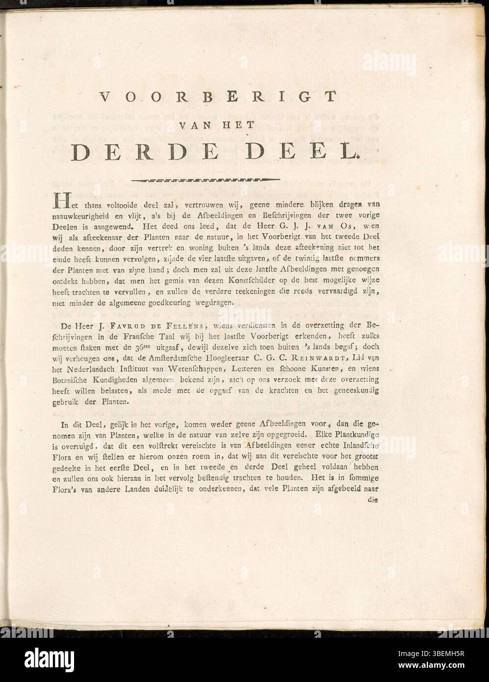 Das Vorwort zu Band 3 von *Flora Batava*, geschrieben auf Niederländisch von Jan Kops, stellt die Pflanzenarten und Beschreibungen des Bandes vor. Dieses Vorwort hebt die wissenschaftlichen Prinzipien und Methoden hervor, die Kops in seiner botanischen Forschung verwendete, die in der frühen Pflanzentaxonomie von Bedeutung waren. Stockfoto