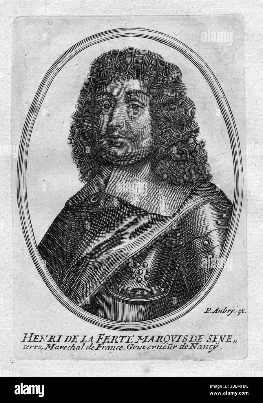 Porträt von Henri de La Ferté-Senneterre von Pierre Aubry, Datum unbekannt. Dieses klassische Porträt zeigt La Ferté-Senneterre in einem traditionellen Gravurstil. Stockfoto