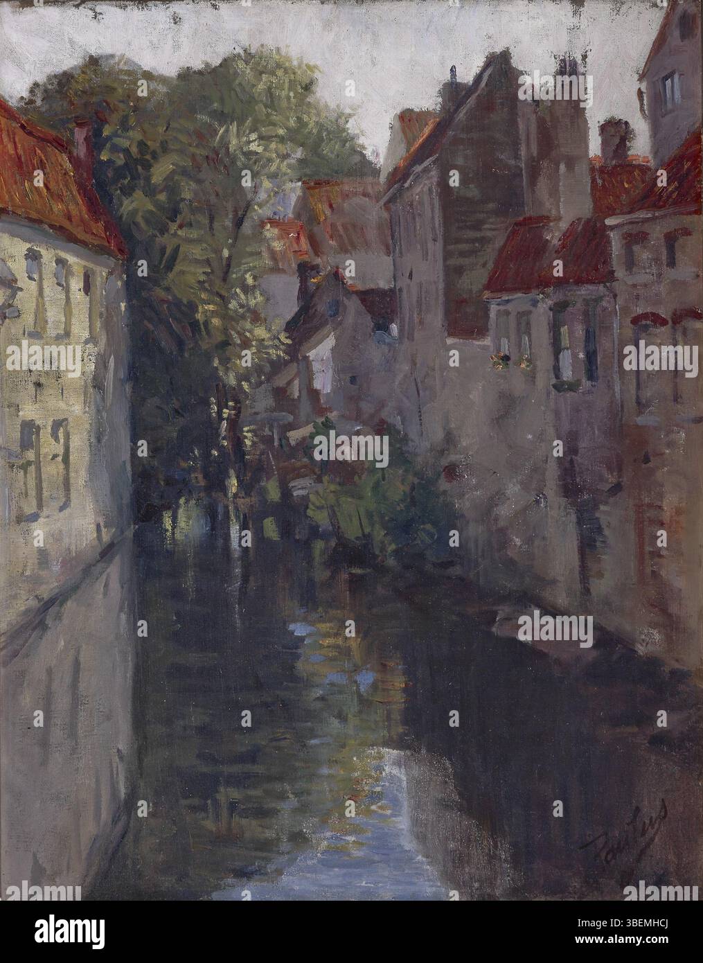 Dieses Gemälde auf Leinwand von Francis Petrus Paulus, das um 1902 entstanden ist, zeigt eine ruhige Gasse in Brügge. Das Werk misst 21,75 x 17,75 Zoll und ist vom Künstler signiert. Stockfoto