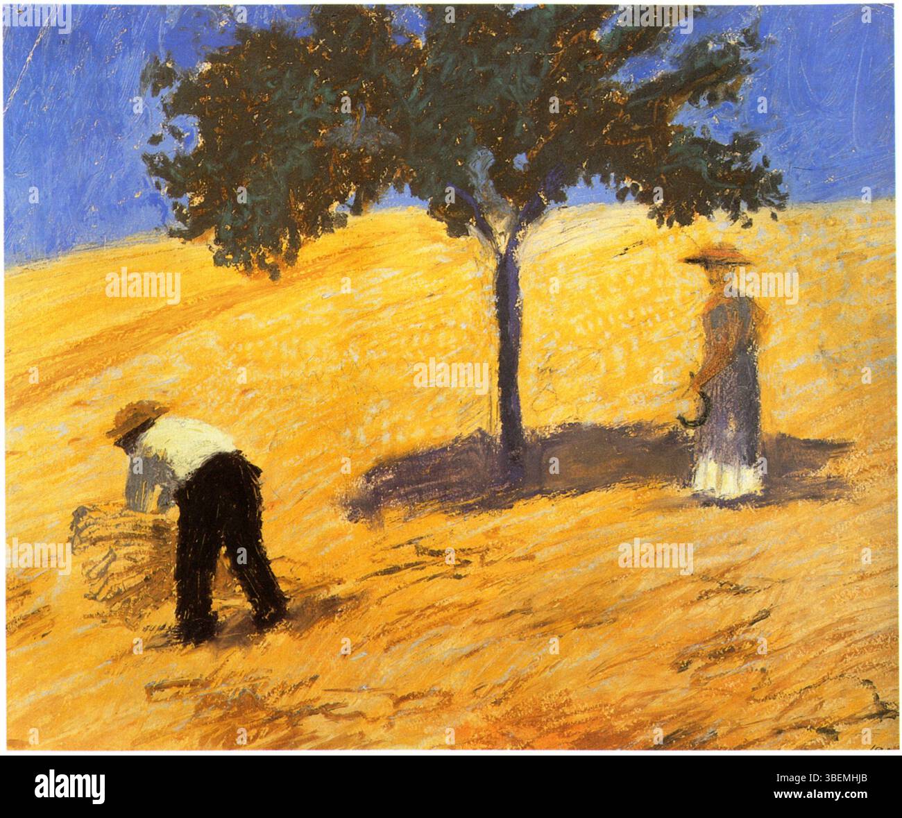 „Baum im Kornfeld“ von August Macke fängt eine lebendige Landschaft ein, in der ein Baum inmitten goldener Felder im Mittelpunkt steht. Die Verwendung von Farbe und Komposition spiegelt Mackes Interesse an der Natur und seinem expressionistischen Stil wider und verbindet Abstraktion mit Darstellung. Stockfoto