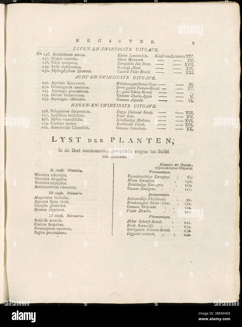 Die dritte Seite der Pflanzenliste aus Band 2 von *Flora Batava*, zusammengestellt von Jan Kops (1765–1849), veröffentlicht 1807. Diese botanische Aufzeichnung bietet detaillierte Beschreibungen und Illustrationen verschiedener Pflanzen, die in der Serie dokumentiert sind und die Flora dieser Zeit hervorheben. Stockfoto