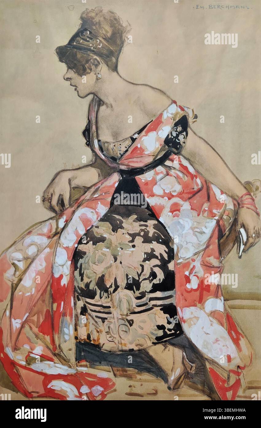 Porträt von Nade Martiny von Emile Berchmans (1867–1947), erstellt zwischen 1918 und 1924 mit Holzkohle, Aquarell, Gouache und indischer Tinte auf Papier. Das Kunstwerk misst 131,2 x 86,9 cm. Stockfoto