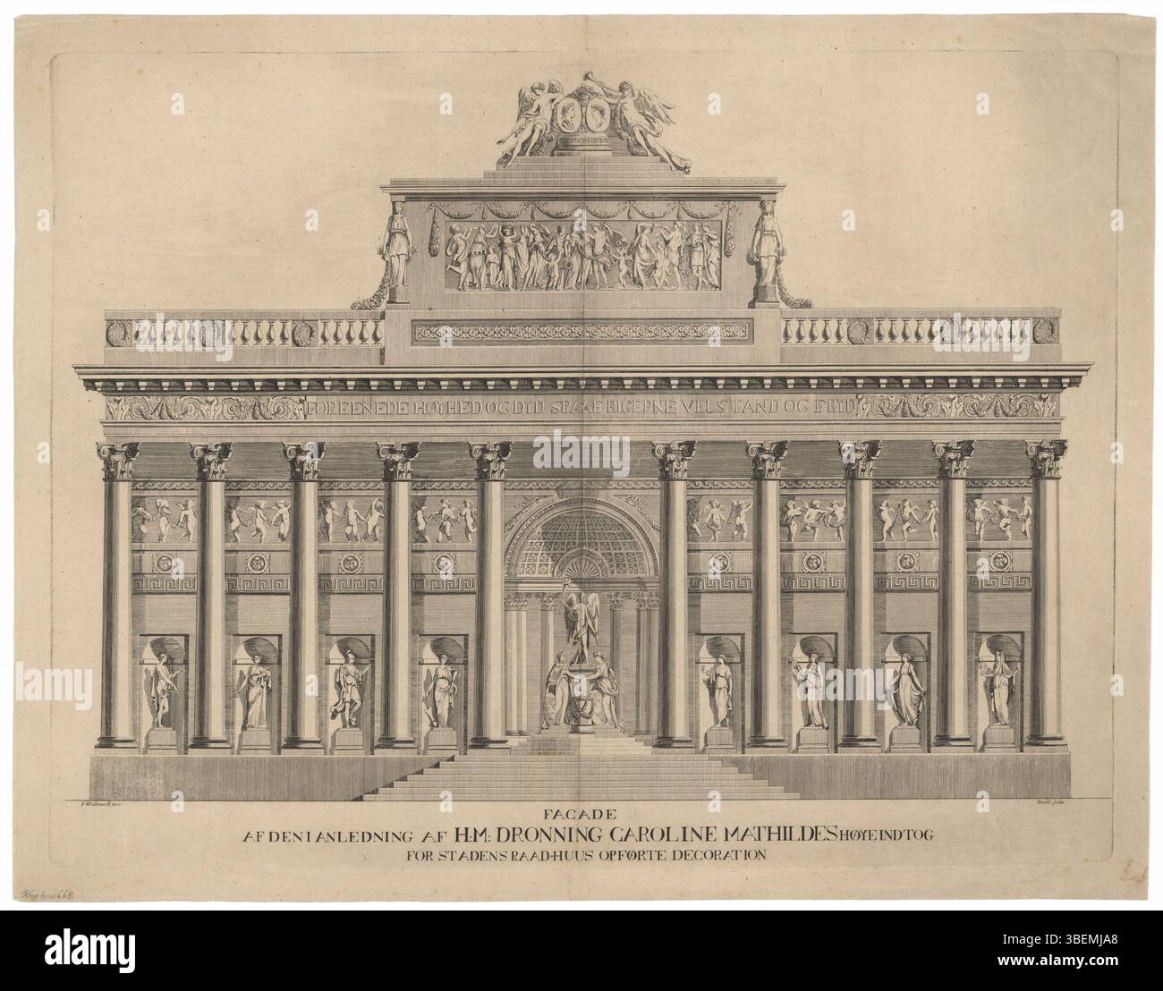 Dieser Kupferstich von Johannes Gottfred Bradt, der die Fassade des Stadens Raad-huus für die Ankunft von Königin Caroline Mathilde darstellt, wurde 1766 vom Architekten Johannes Wiedewelt entworfen. Stockfoto