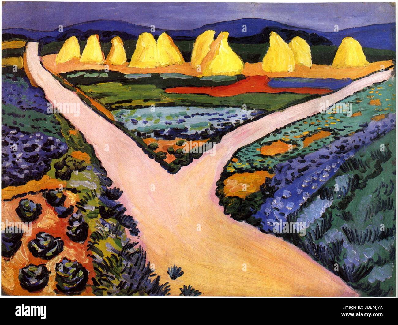 Die Gemüsefelder von August Macke zeigen eine ländliche Landschaft voller Kulturreihen. Mackes Verwendung lebendiger Farben und kräftiger Pinselstriche vermittelt die Einfachheit und den Reichtum des landwirtschaftlichen Lebens. Stockfoto