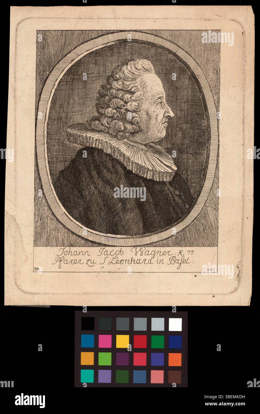 Dieser Kupferstich von Johann Jacob Wagner, um 1790 von R. K. geschaffen, zeigt das Motiv im klassischen Porträtstil. Die feinen Linien und Details unterstreichen die Genauigkeit von Wagners Gleichnis im späten 18. Jahrhundert. Stockfoto