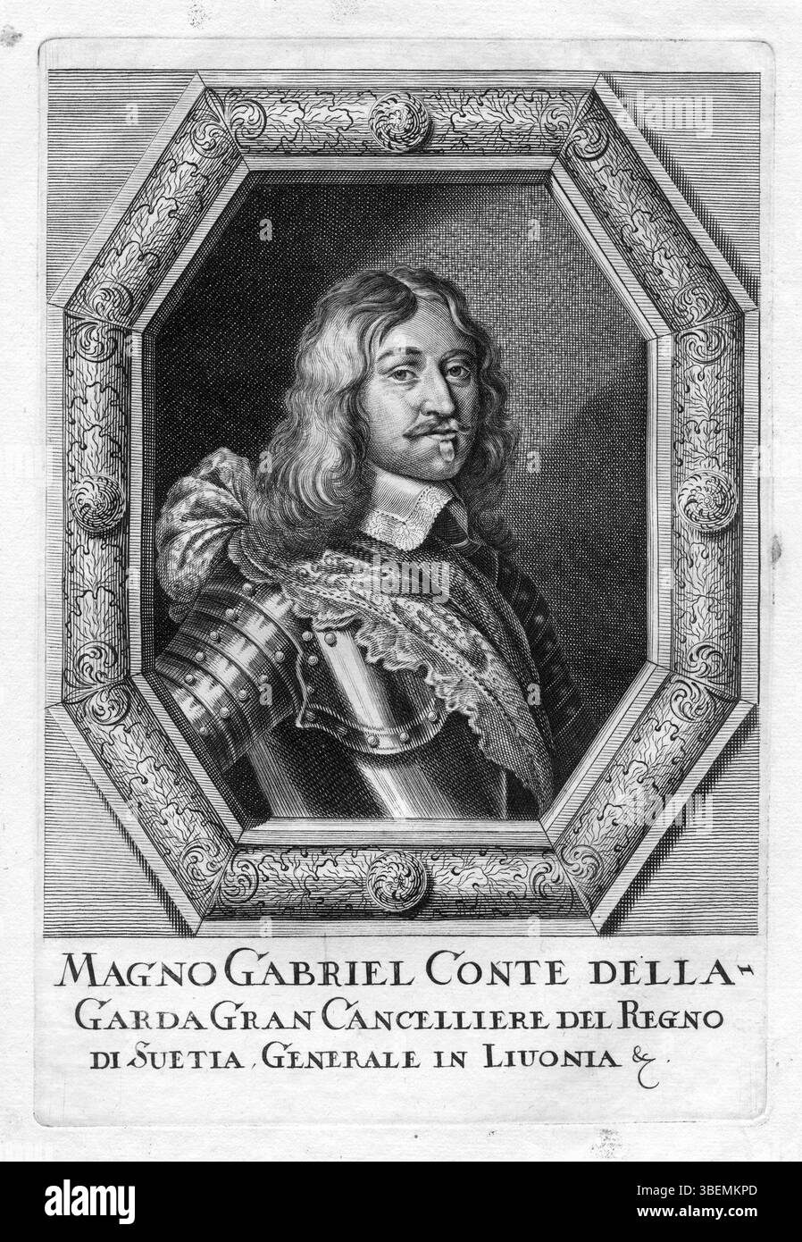 Dieser unbekannte Gravur zeigt Magnus Gabriel de La Gardie, einen prominenten schwedischen Adligen. Das Bild spiegelt seine Stellung und Rolle in der schwedischen Politik in den 1600er Jahren wider Stockfoto