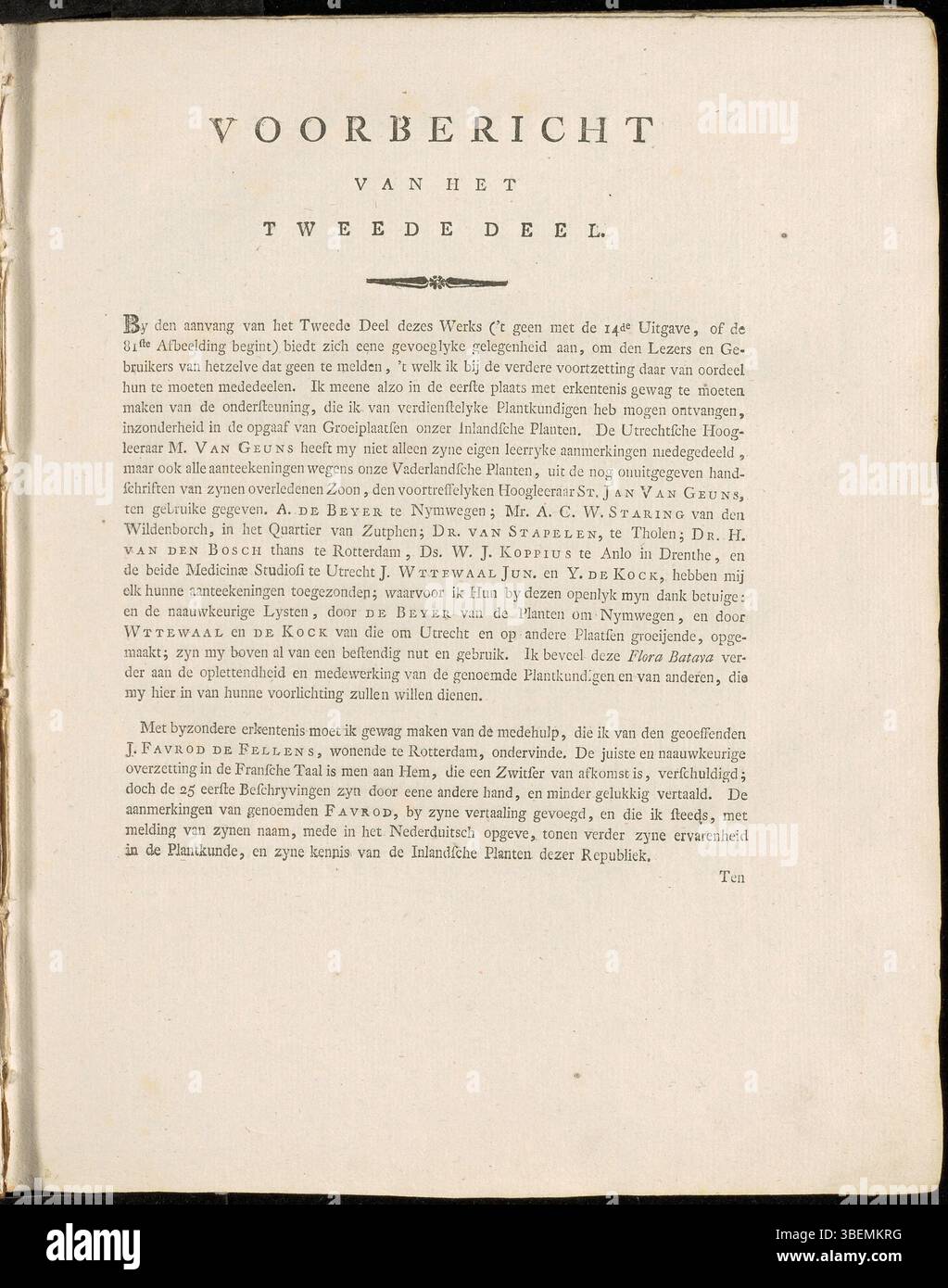 Das Vorwort zu Band 1 der Flora Batava, geschrieben auf Niederländisch von Jan Kops im Jahr 1807. Sie stellt die botanischen Arbeiten vor und beschreibt die Bedeutung der Flora in den Niederlanden und ihre Klassifizierung. Diese Ausgabe ist Teil der KB-Sammlung und bietet einen wichtigen Kontext für das Verständnis der beschriebenen Pflanzen. Stockfoto