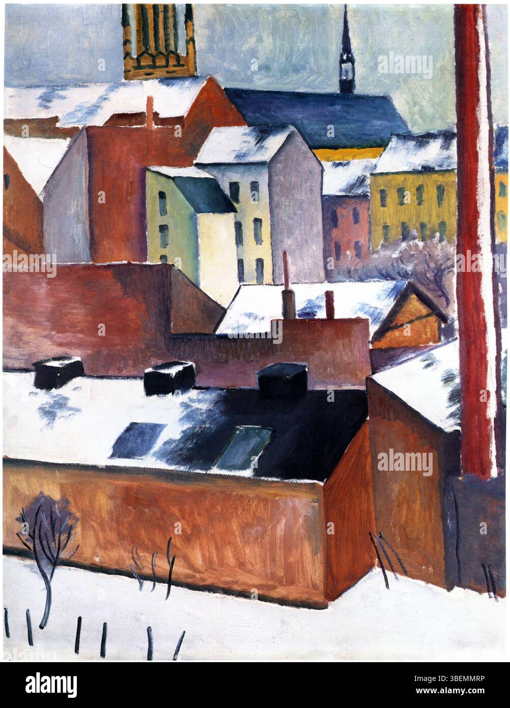 Dieses Stück von August Macke zeigt die Marienkirche im Schnee. Die schneebedeckte Landschaft und die Kirche sind in lebhaften Farben gemalt, ein Kennzeichen von Mackes expressionistischem Ansatz. Stockfoto
