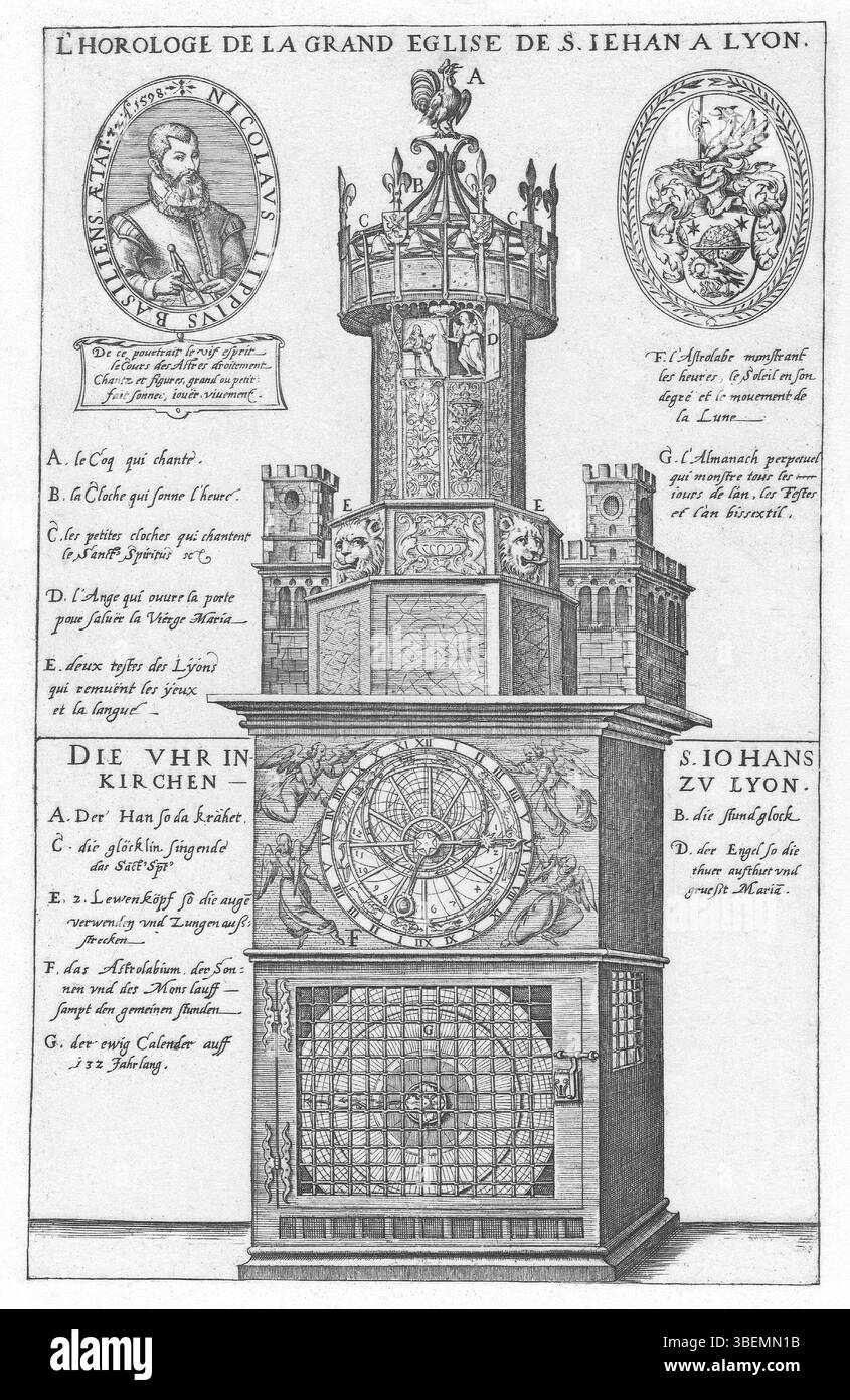 Diese Zeichnung zeigt die astronomische Uhr der Kathedrale Saint-Jean in Lyon, Frankreich, die 1598 von Nicolas Lippius entworfen wurde. Das Kunstwerk aus dem Jahr 1880 ist eine Darstellung der legendären Uhr mit komplexen astronomischen Details. Stockfoto