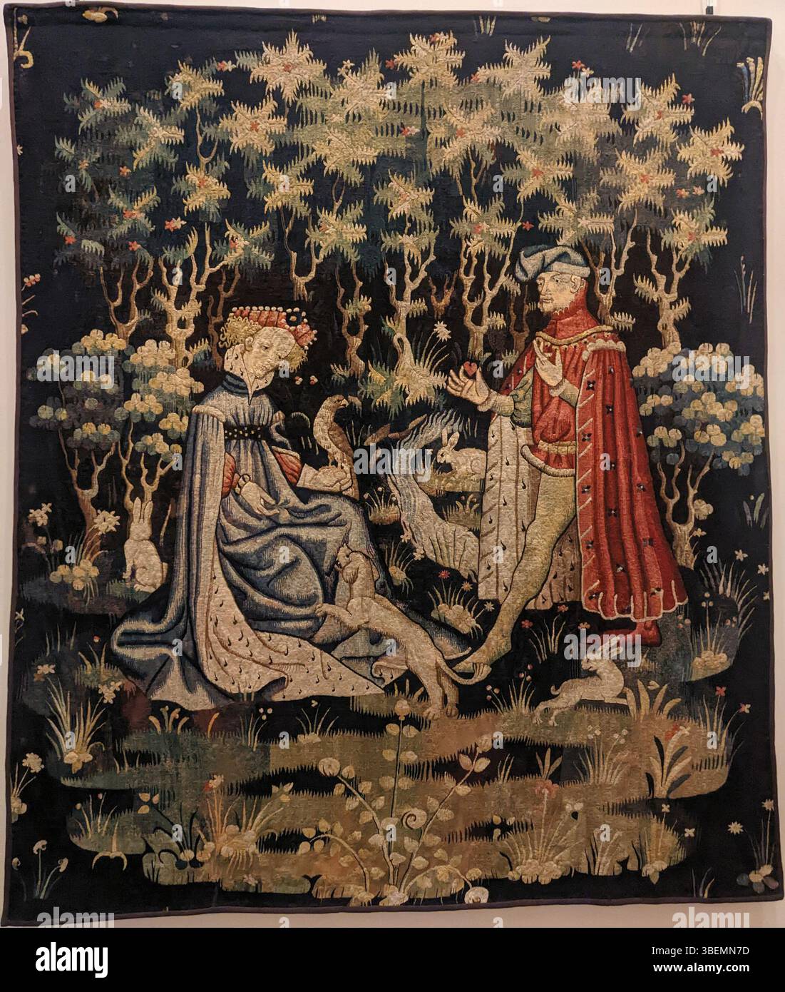 Wandteppich mit dem Titel „das Opfer des Herzens“ aus dem 15. Jahrhundert, ausgestellt im Louvre Museum. Identifiziert als Objets d'Arts OA 3131. Stockfoto