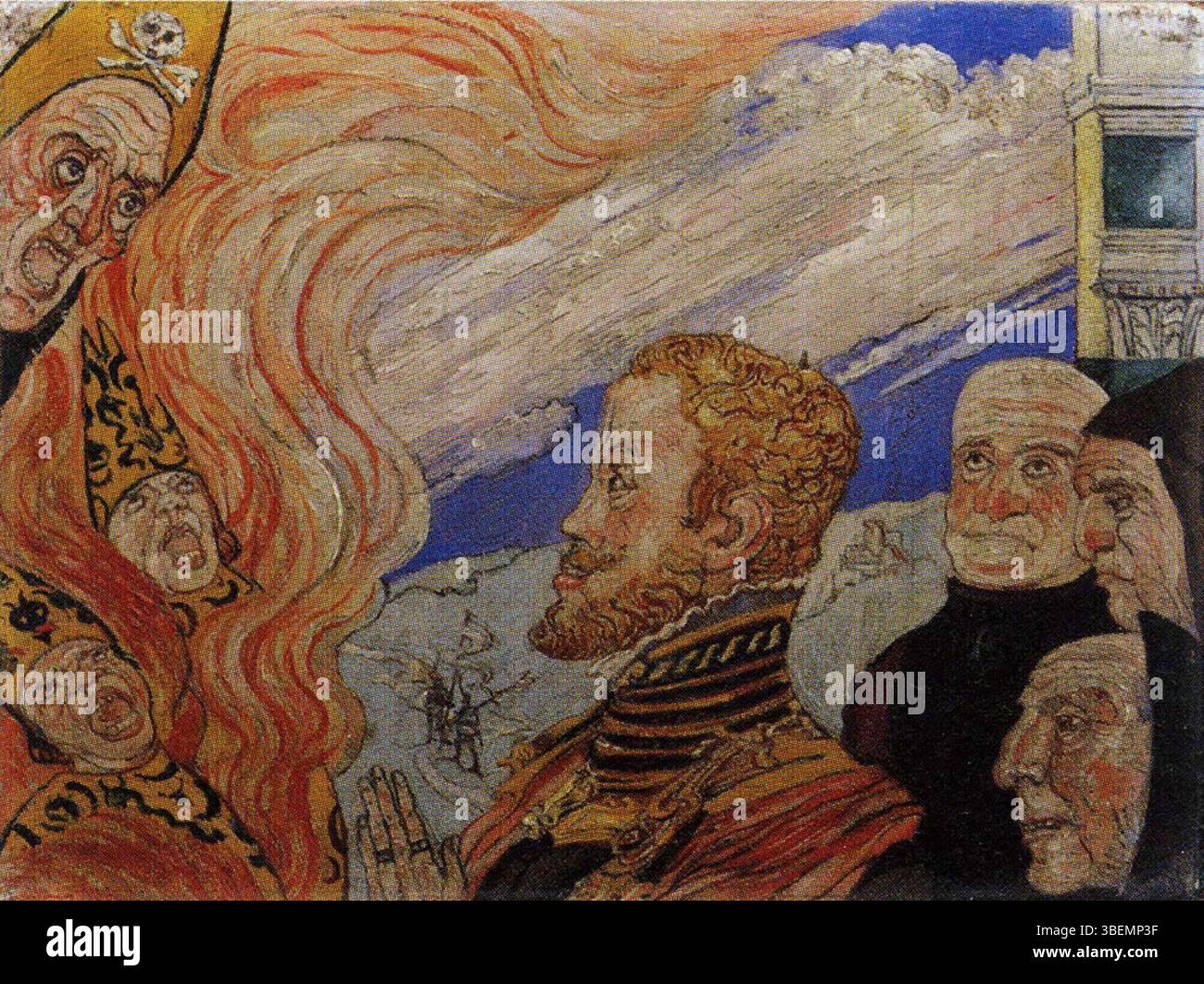 Das Auto-da-Fé von James Ensor, das 1923 gemalt wurde, repräsentiert eine historische Szene religiöser Prozesse und Bestrafungen, die in seinem charakteristischen expressiven und dramatischen Stil dargestellt wird. Stockfoto