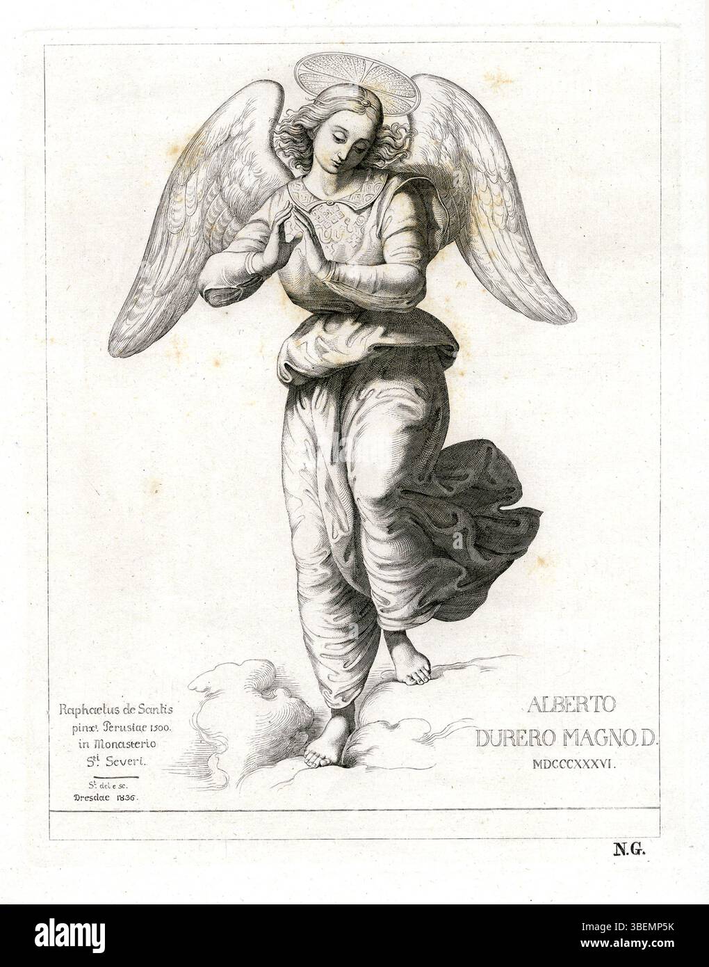 Dieses von Christian Ernst Stölzel geschaffene Bild zeigt einen Engel im Stil des frühen 19. Jahrhunderts. Das Stück spiegelt den neoklassischen Einfluss auf religiöse und mythologische Kunst in dieser Zeit in Deutschland wider. Stockfoto