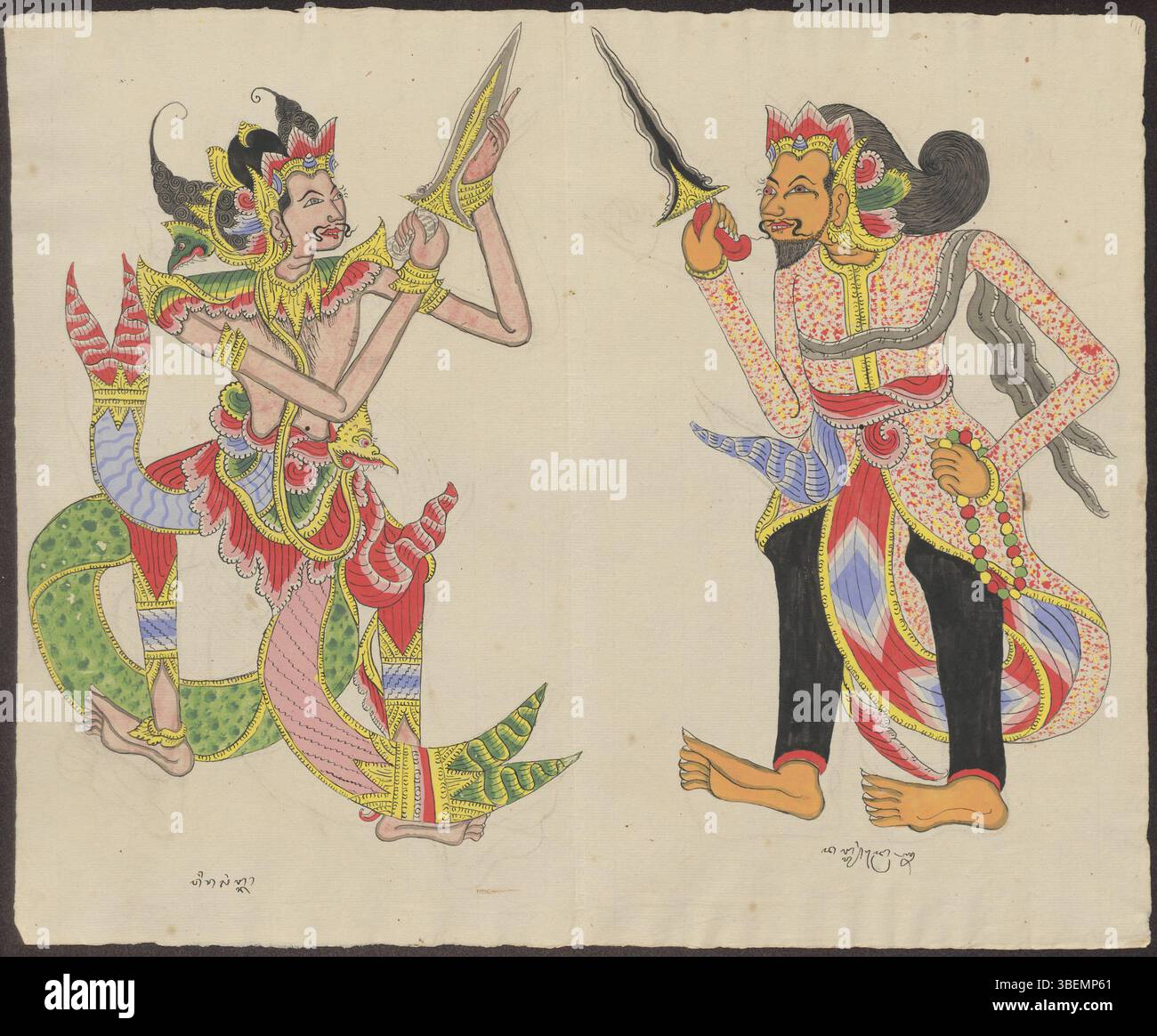 Diese balinesische Manuskriptzeichnung veranschaulicht einen dramatischen Moment, in dem Wirasangka und Drona sich mit gezeichneten Krissen gegenüberstehen und sich auf eine Schlacht vorbereiten. Das Kunstwerk eines unbekannten Künstlers, der im späten 19. Jahrhundert tätig war, zeigt einen Schlüsselmoment balinesischer Kampftraditionen und Mythologie. Stockfoto