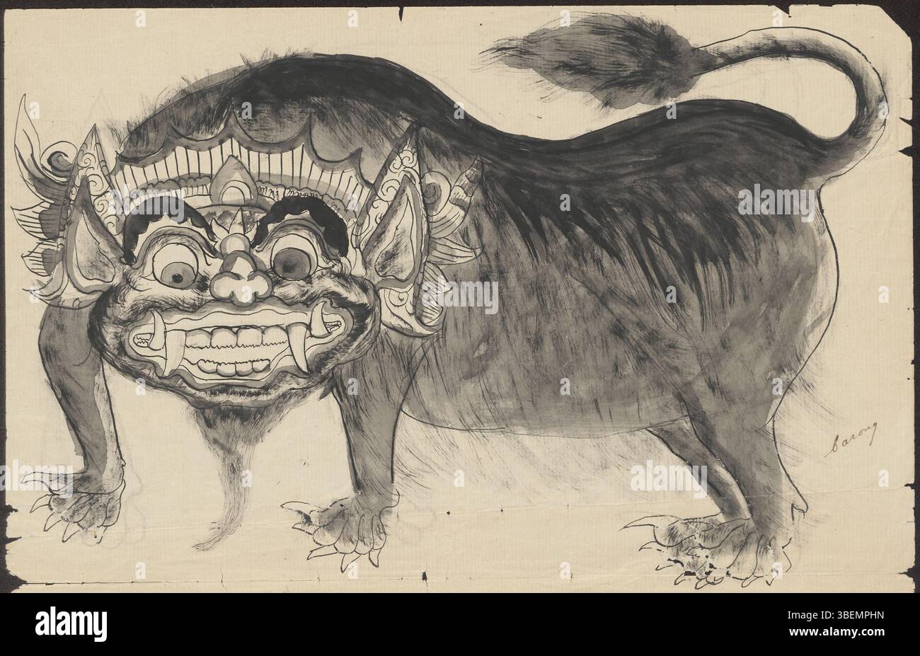 Diese balinesische Manuskriptzeichnung von 1882 zeigt zwei faszinierende Kreaturen: Warak, ein Nashorn, und Kekua, eine Landschildkröte, neben Barong, ein Vierbeiner mit einem großen maskierten Gesicht. Diese Figuren sind in der balinesischen Mythologie wichtig und symbolisieren sowohl die natürliche Welt als auch spirituelle Themen. Die Zeichnung ist Teil der Van der TUUK Collection. Stockfoto