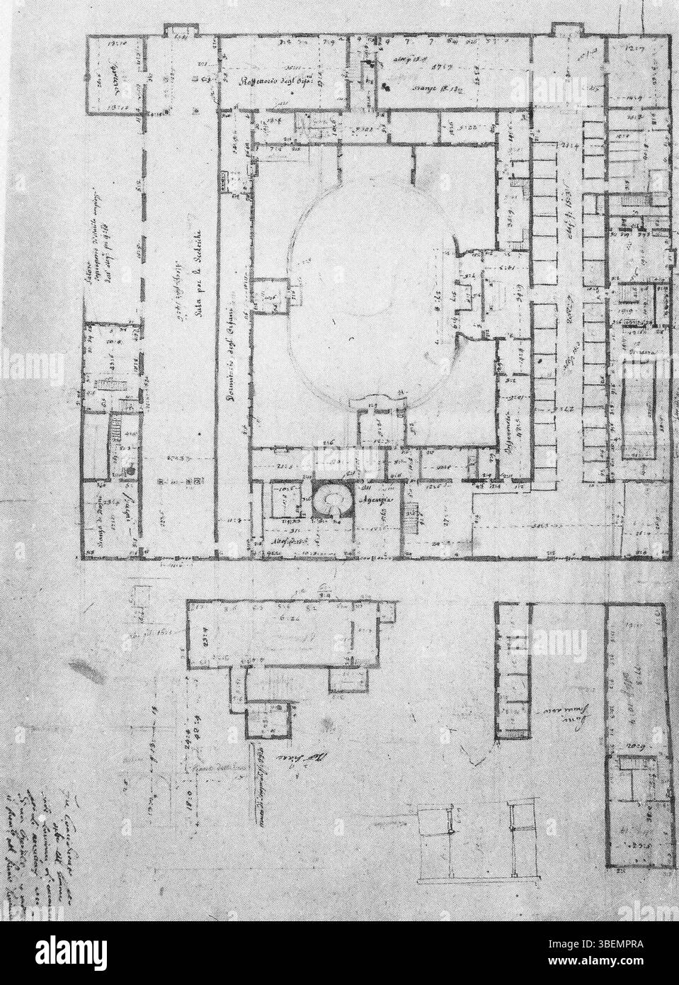 Dieser Grundriss, der von Cesare Fustinelli Anfang des 19. Jahrhunderts gezeichnet wurde, zeigt den zweiten Stock des Ospedale degli Incurabili in Italien. Das Krankenhaus war dafür bekannt, unheilbar Kranke während seiner Operation zu behandeln. Stockfoto