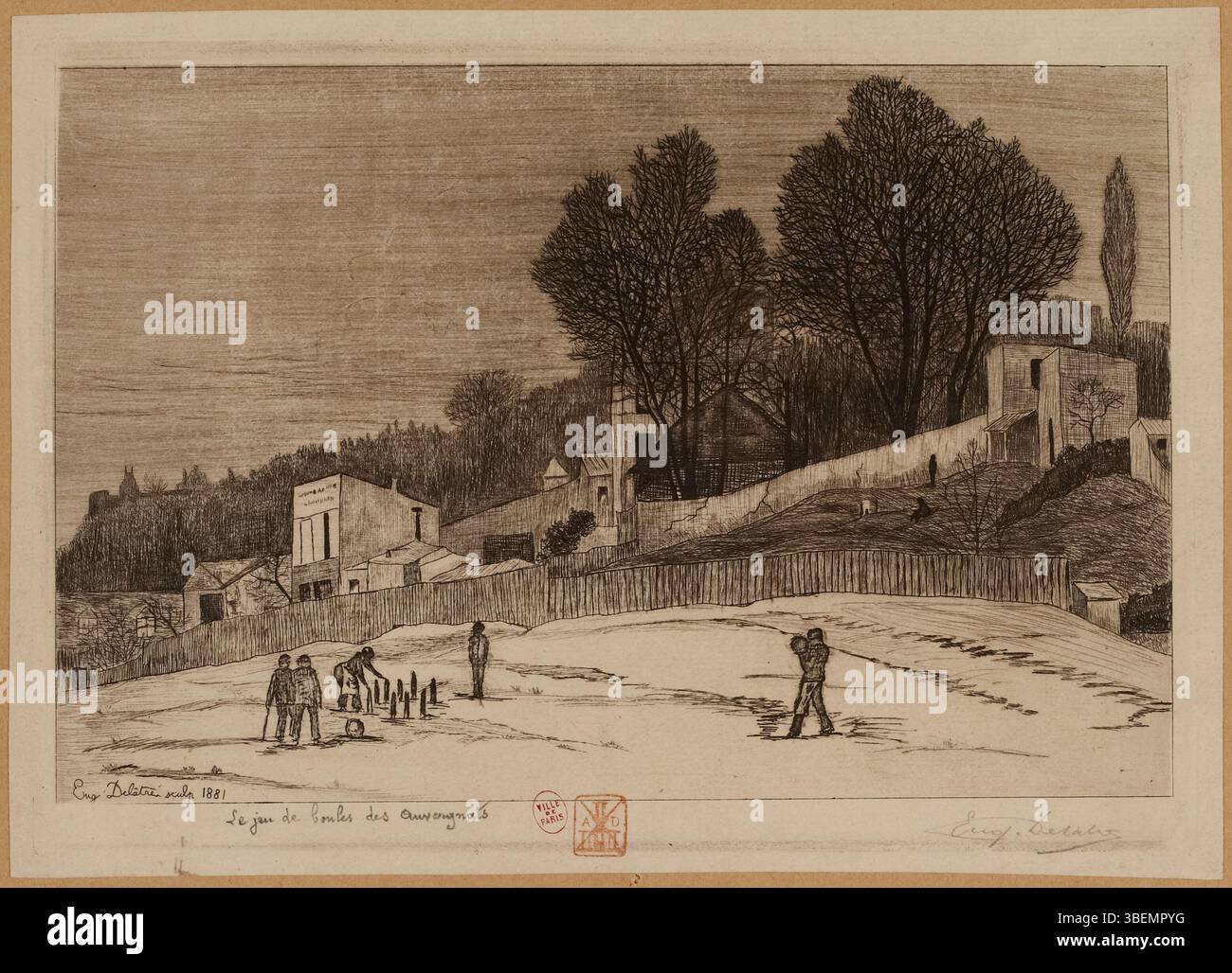 Dieses Aquatint von Eugène Delâtre aus dem Jahr 1881 mit dem Titel „Terrain du Jeu de Boules dit des Auvergnats“ zeigt eine soziale Szene in Montmartre, in der Menschen Boules spielen. Der im Musée Carnavalet gehaltene Druck bietet einen Einblick in die entspannten Aktivitäten des Paris des 19. Jahrhunderts. Stockfoto