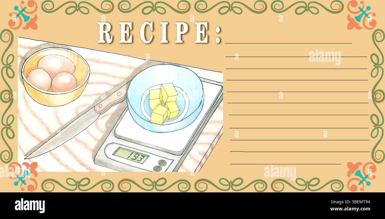 Handgezeichnete Backrezeptschablone mit digitaler Küchenwaage, Eiern, Butterwürfeln und dekorativer Umrandung zur kulinarischen Illustration Stockfoto