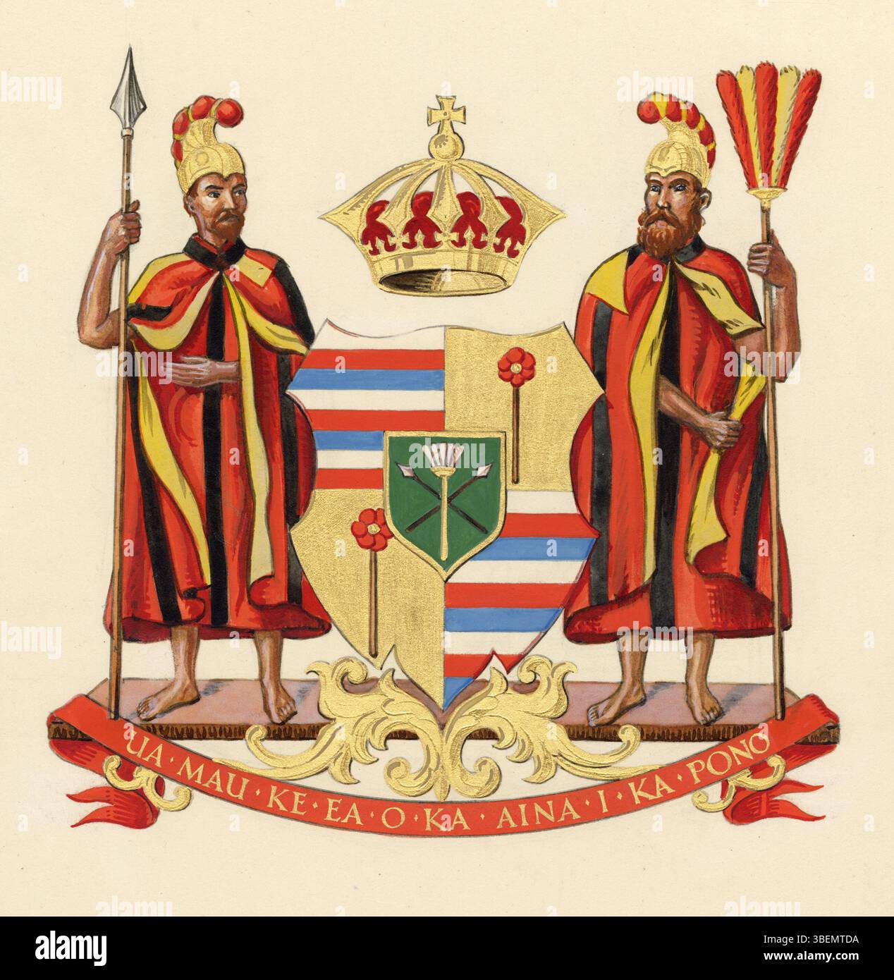 Dieses Wappen wurde 1843 von Mr. King entworfen, im Auftrag von König Kamehameha III. Von Hawaii. Er wurde vom College of Arms (Heralds’ College) in London entworfen und als zweiter Entwurf von King verfeinert. Der Entwurf wurde von den hawaiianischen Diplomaten Timoteo Haalilio und Reverend William Richards in Auftrag gegeben. Stockfoto