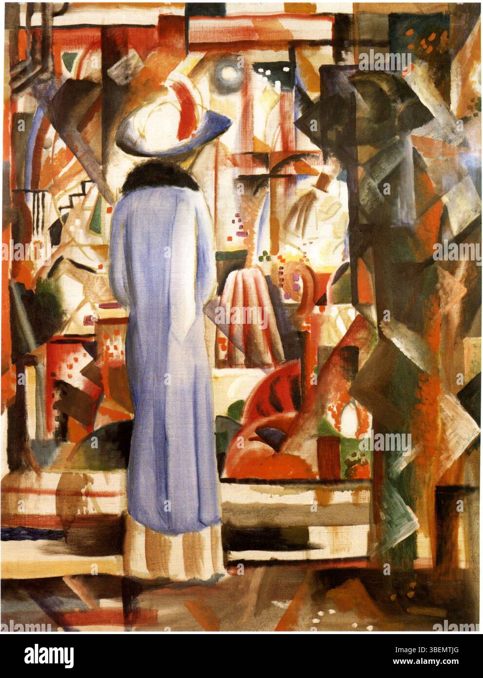 Das große helles Schaufenster von August Macke zeigt ein hell beleuchtetes Schaufenster voller Reflexionen und lebendiger Farben. Das Gemälde erforscht das Zusammenspiel von Innen- und Außenräumen im urbanen Leben. Stockfoto