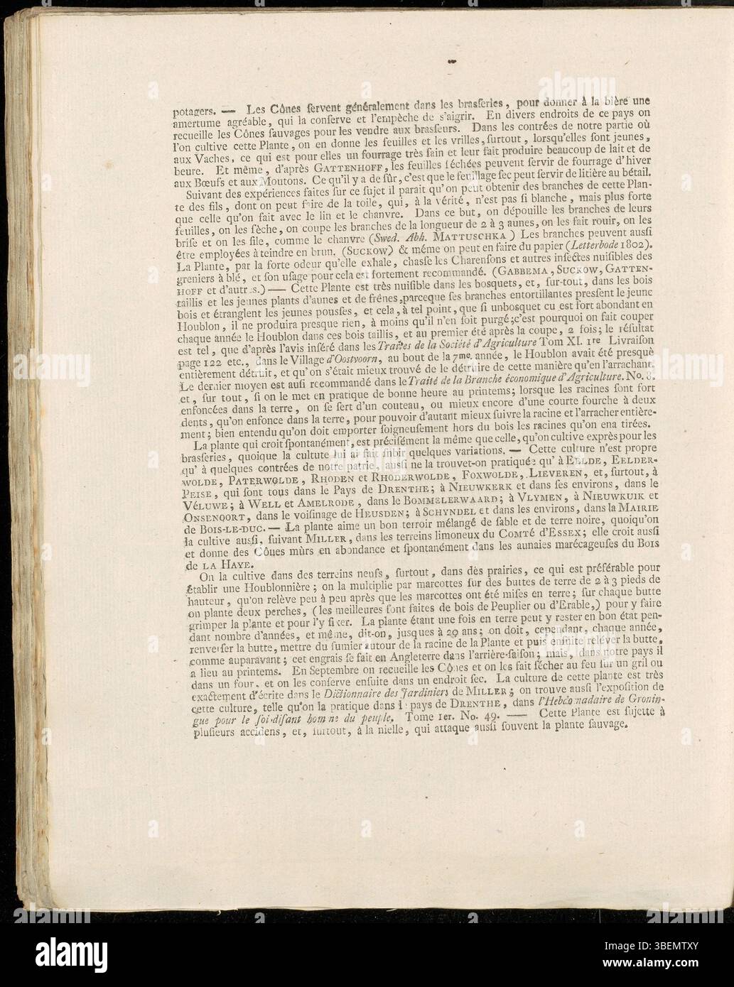 Jan Kops' botanische Illustration von 1807 (Platten 0089 und 0090) zeigt die männlichen und weiblichen Formen von Humulus lupulus, allgemein bekannt als Hopfen. Die Abbildung zeigt die unterschiedlichen Merkmale jeder Form in dieser für die Brauerei wichtigen Pflanze. Stockfoto