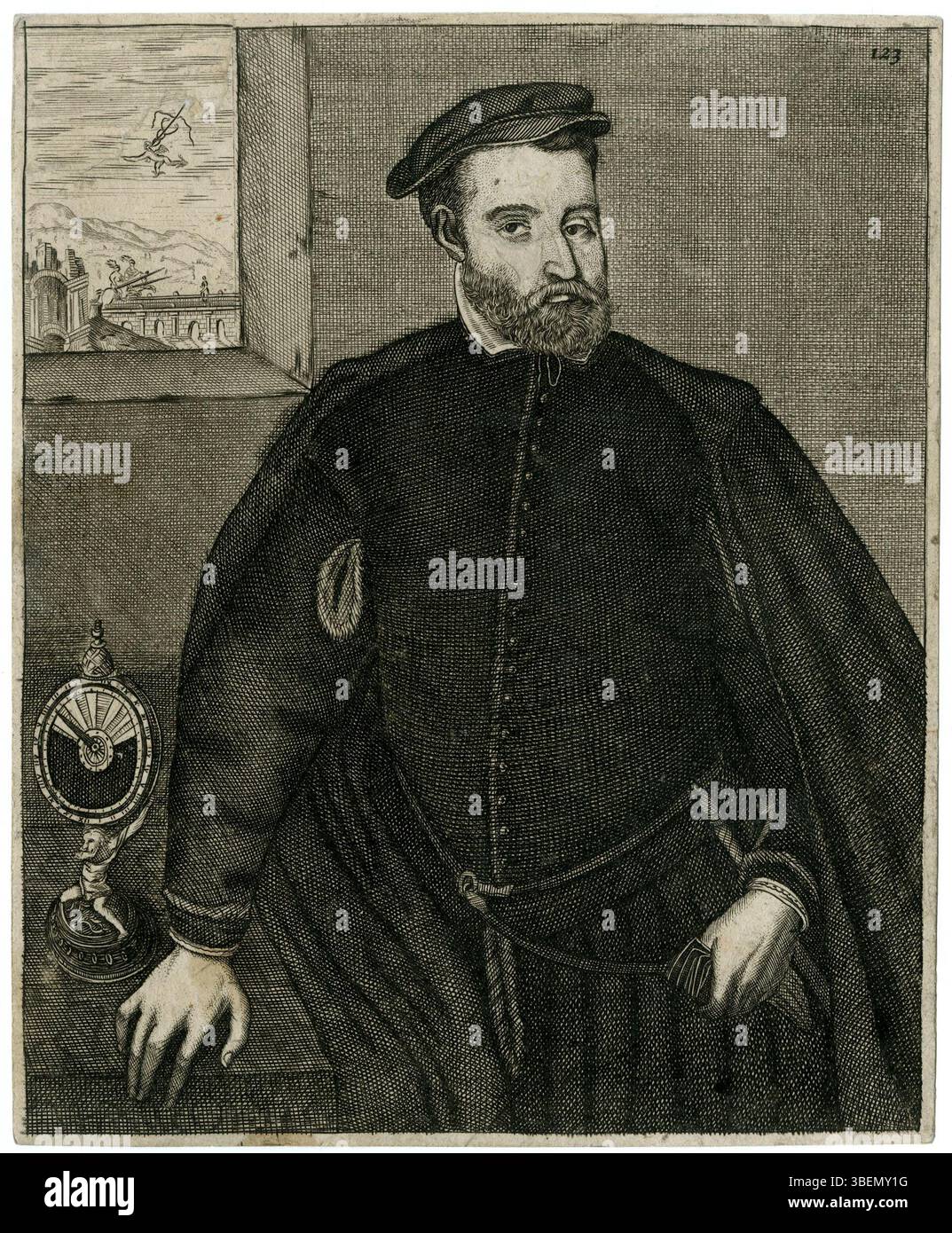 Ein Kupferstich, der Lucas Vorsterman II. Zugeschrieben wird und Honorato Juan, den Lehrer von Prinz Carlos, Sohn von Philipp II. Darstellt. Das Werk war Teil einer größeren Abhandlung von Athanasius Kircher, die die intellektuellen Beiträge Honorato Juan am spanischen Hof hervorhebt. Stockfoto