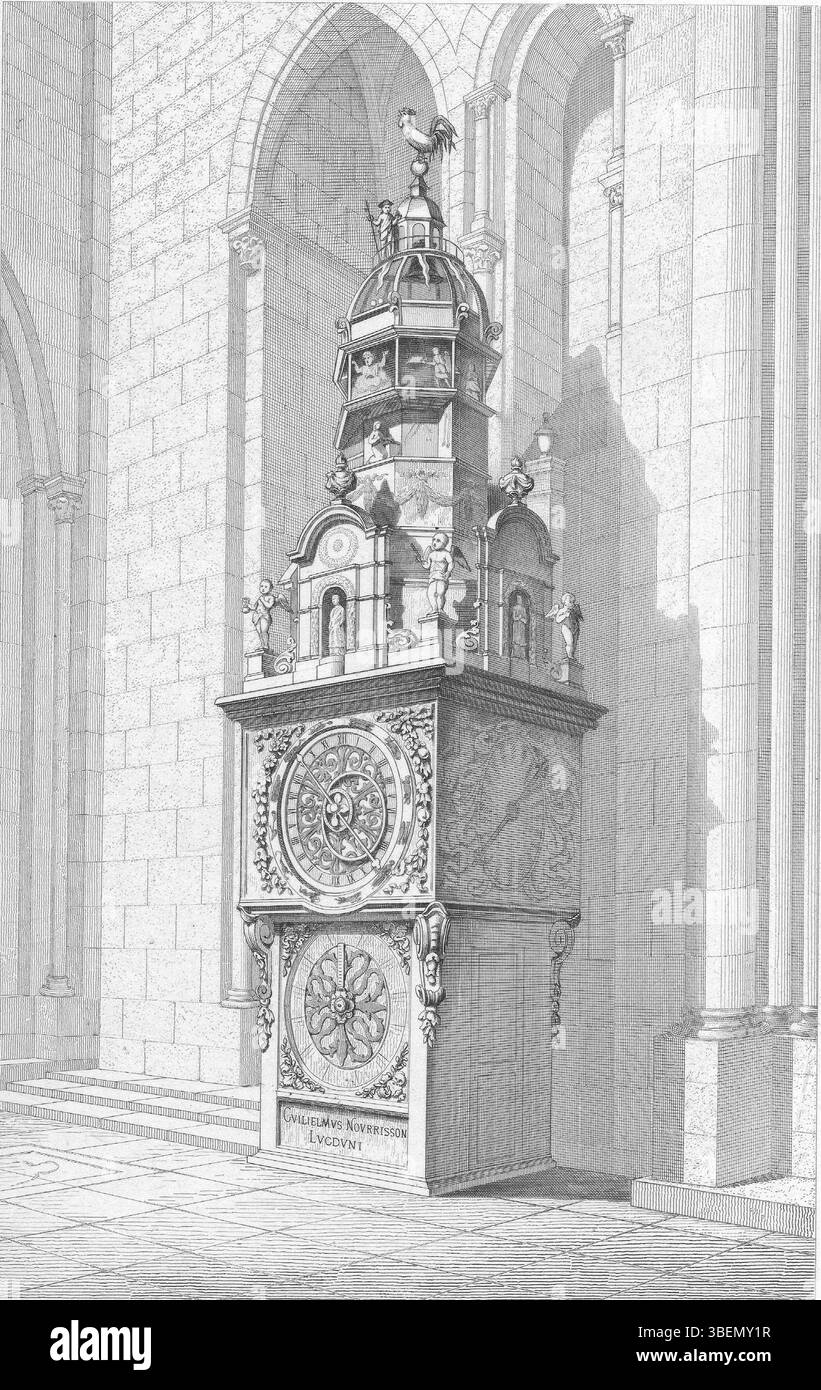 Diese Zeichnung von J.M. Fugere zeigt die astronomische Uhr der Kathedrale Saint-Jean in Lyon, die von Guillaume Nourrisson 1660 entworfen wurde. Das Kunstwerk stammt aus dem Jahr 1880 und spiegelt das komplizierte Design des Uhrwerks wider. Stockfoto