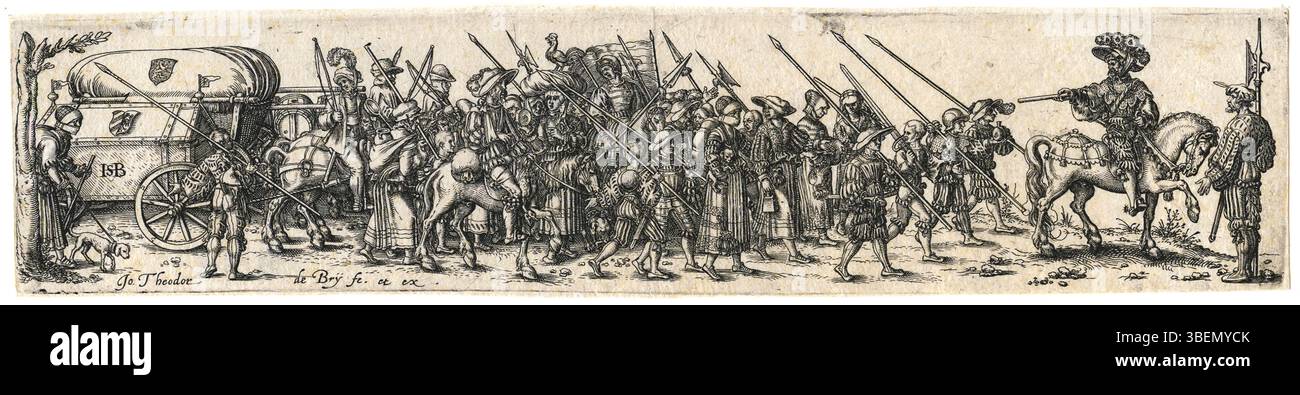 Johann Theodor de Bry zeigt einen Konvoi von Soldaten, geführt von einem Major zu Pferd, der durch eine Landschaft marschiert. Die Szene zeigt die disziplinierte militärische Organisation der damaligen Zeit, wobei der Major als zentrale Figur dargestellt wird. Das Bild bietet einen Einblick in das Militärleben des 16. Jahrhunderts. Stockfoto