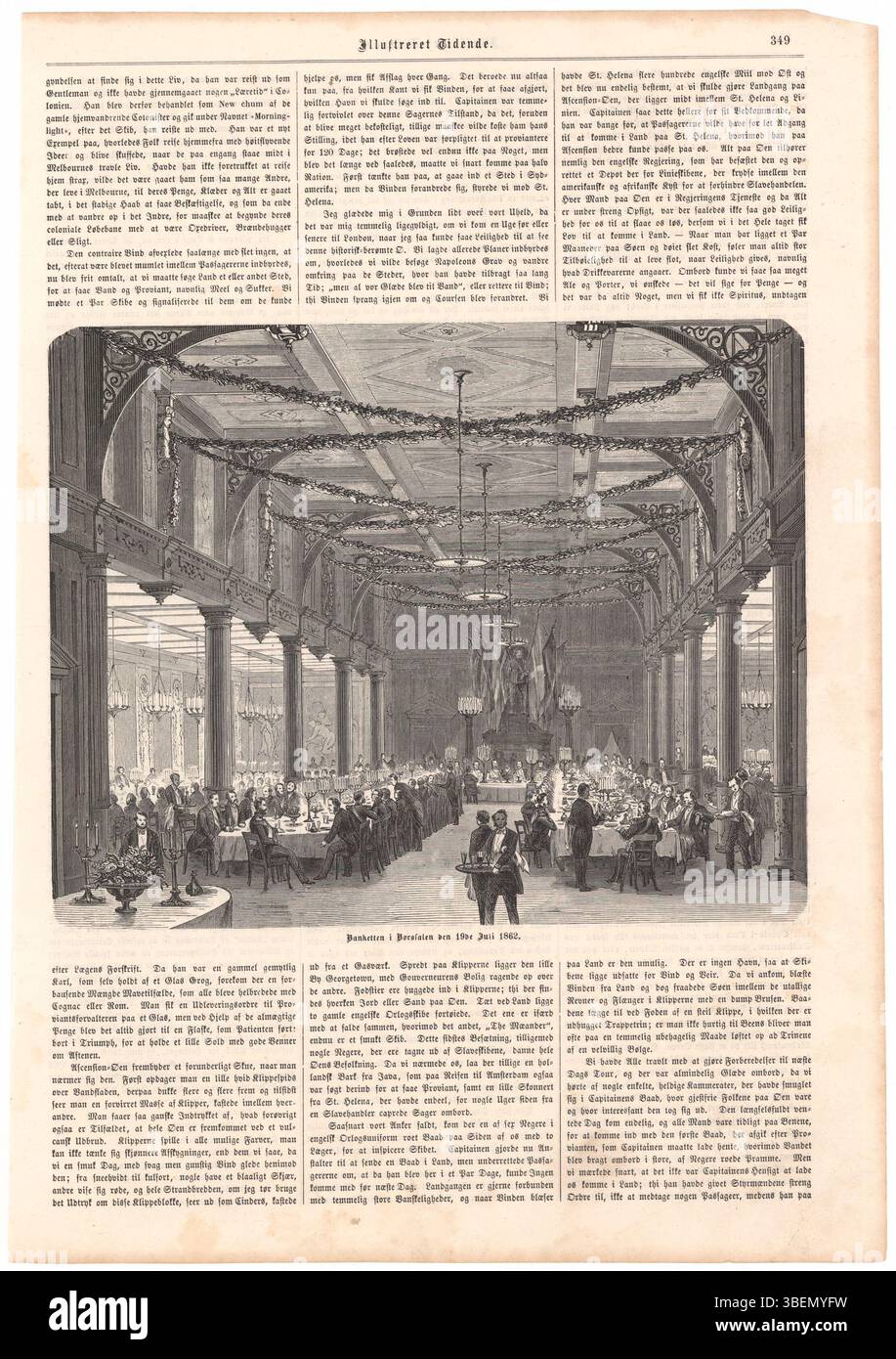 Das Bankett im Börssalen am 19. Juli 1862 war ein wichtiges Ereignis in der dänischen Gesellschaft und markierte ein gesellschaftliches Treffen an einem wichtigen historischen Ort in Kopenhagen. Dieses Ereignis enthielt prominente Persönlichkeiten der Zeit und wurde in verschiedenen Berichten festgehalten. Stockfoto