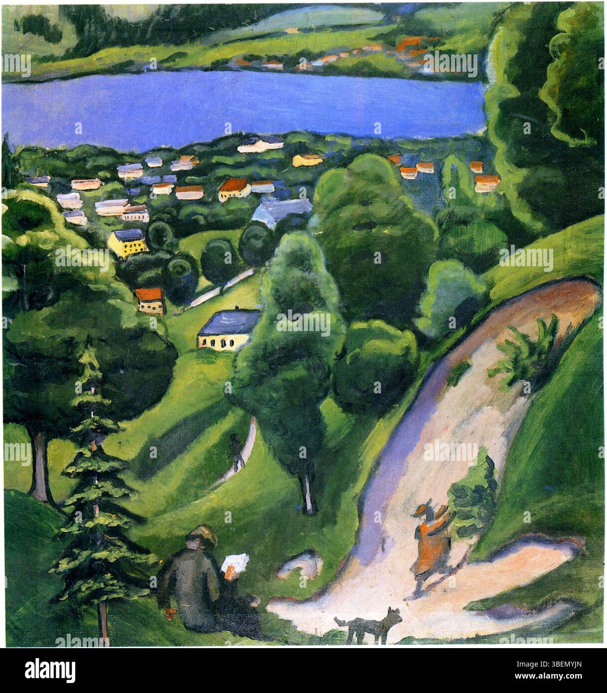 August Macke stellt in dieser Arbeit eine Landschaft am Tegernsee mit einem Leser und Hund dar. Mackes lebhafte Verwendung von Farben und einfachen Formen schafft eine ruhige Atmosphäre in dieser Szene aus dem ländlichen Deutschland. Stockfoto